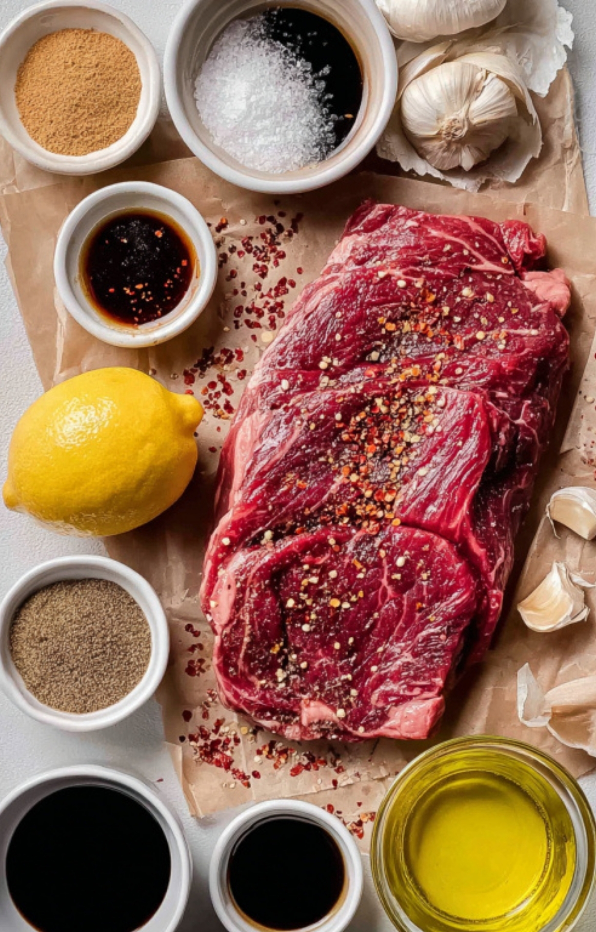 Beef chuck steak surrounded by soy sauce, garlic, lemon, and spices, ready to marinate for a delicious weeknight dinner