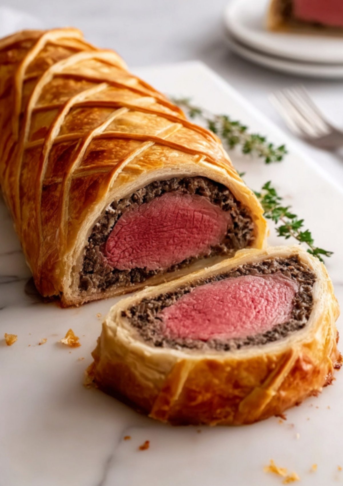 Golden baked beef wellington sliced open to show tender beef center, wrapped in crisp puff pastry with mushroom duxelles, styled for holiday dinners or special occasions.