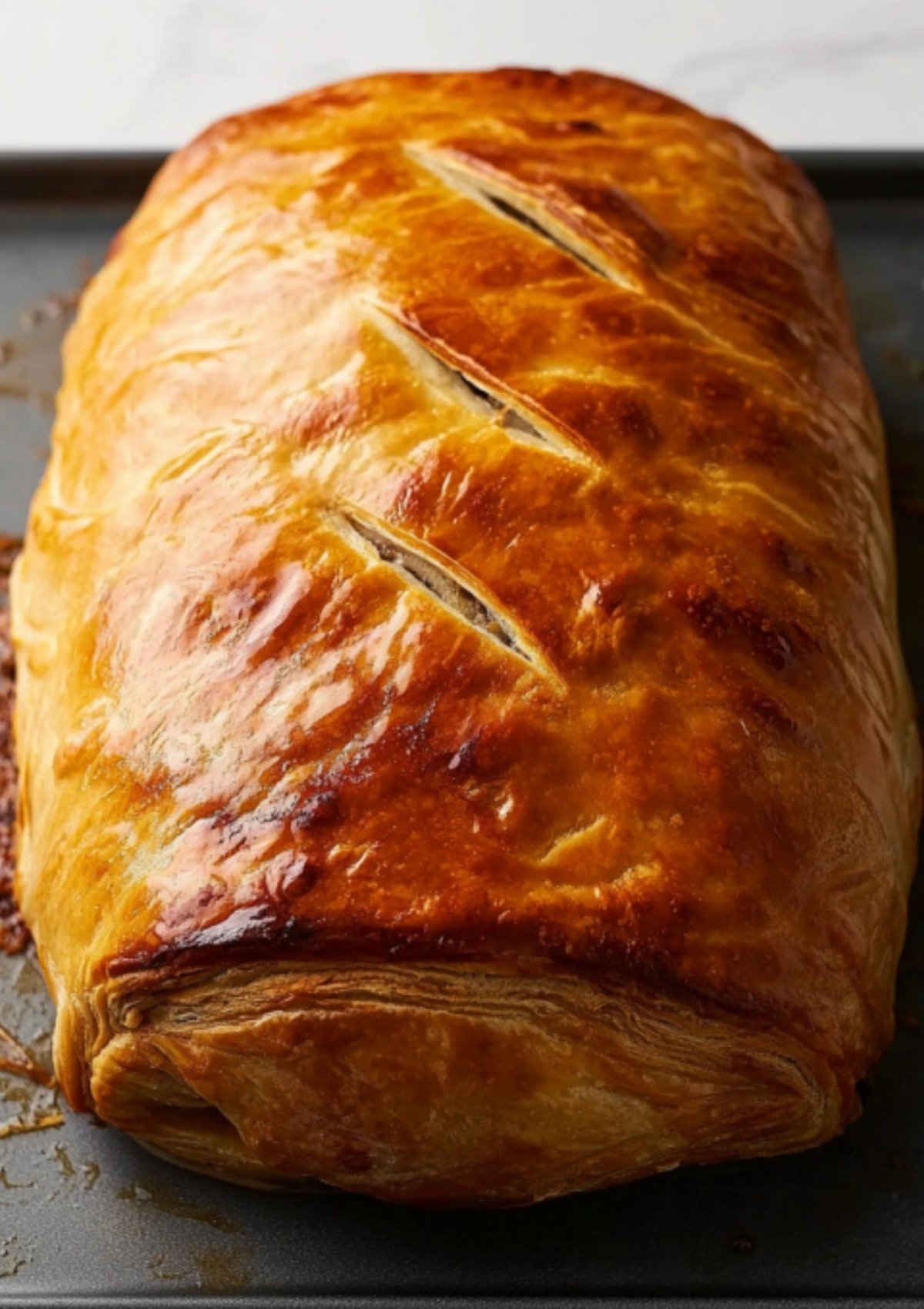 Whole gluten free beef wellington baked to a golden brown, ready to slice and serve as a special occasion or Christmas main dish.