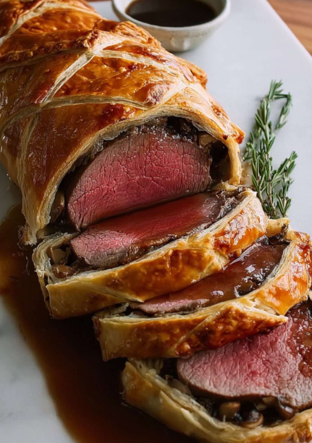 Sliced beef wellington with a pink beef center, flaky pastry, served with red wine sauce and fresh herbs for a showstopper holiday dinner.