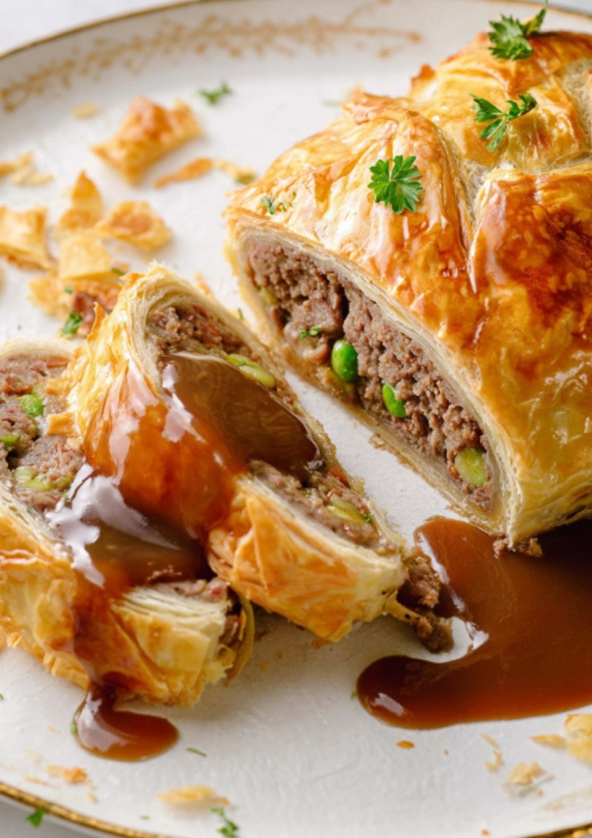 Sliced ground beef wellington with golden pastry, rich gravy, and tender vegetables, served on a white plate—perfect for a cozy dinner or holiday meal.