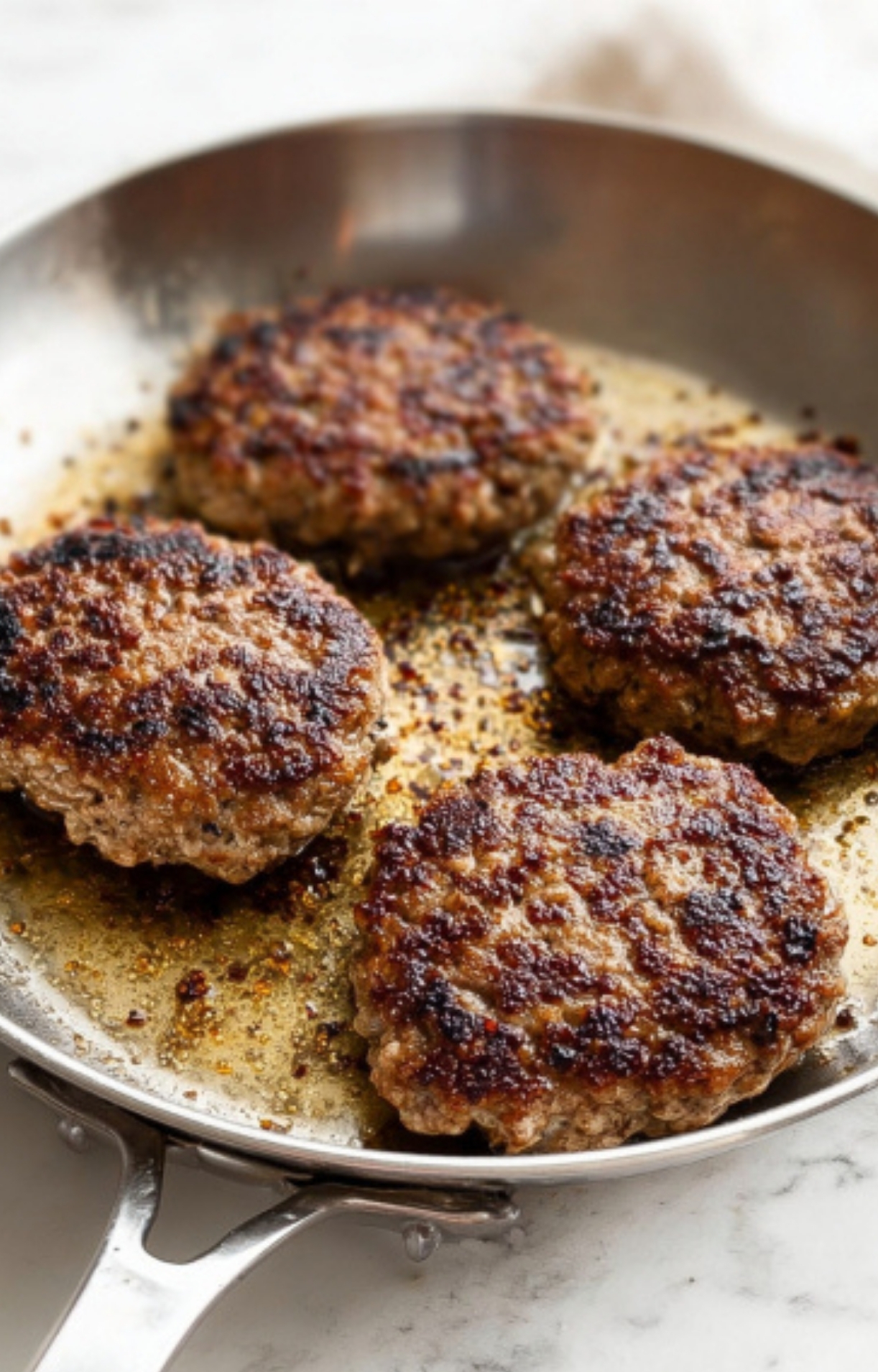 Four Salsberry Steak patties browning in a skillet, step-by-step for a flavorful homemade beef dinner with classic mushroom gravy.