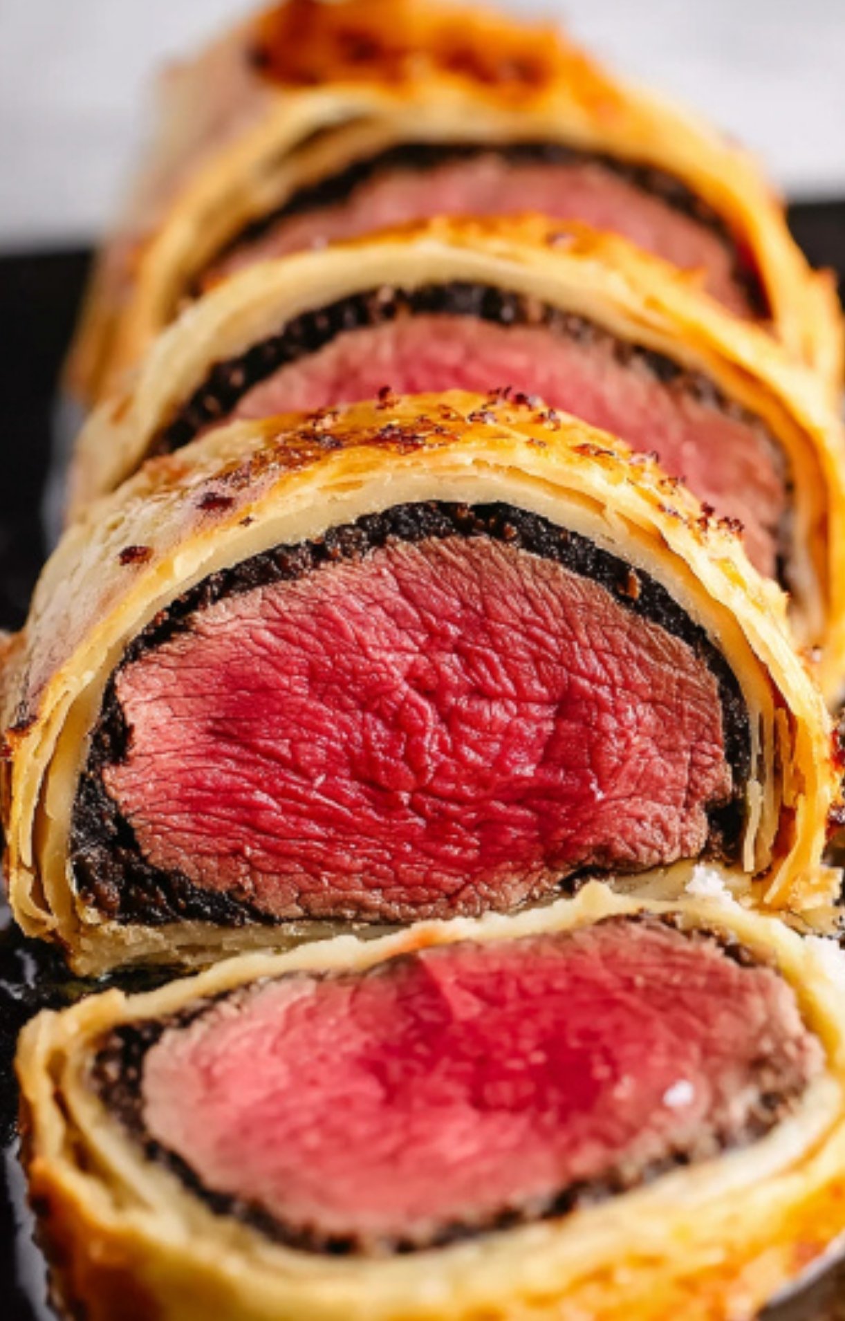 Sliced smoked beef wellington showing medium rare beef center