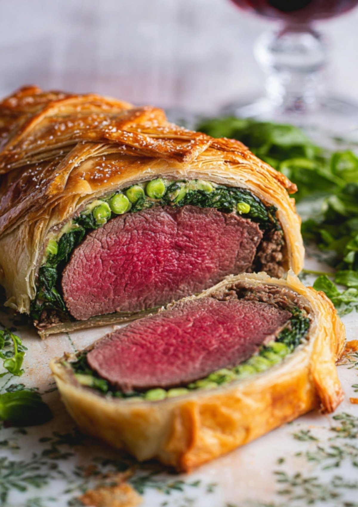 Sliced beef wellington with spinach showing tender beef and bright green spinach layer inside golden puff pastry.