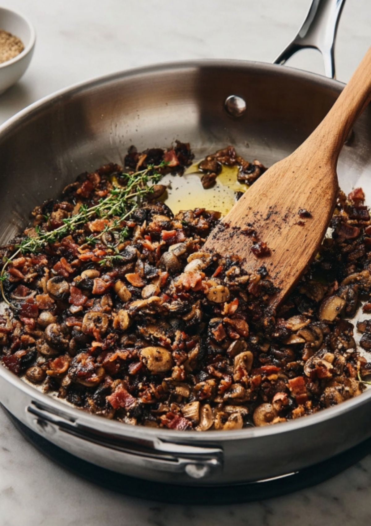 Sautéing mushrooms, bacon, and thyme in a pan, creating the savory mushroom duxelles filling for beef wellington recipes.