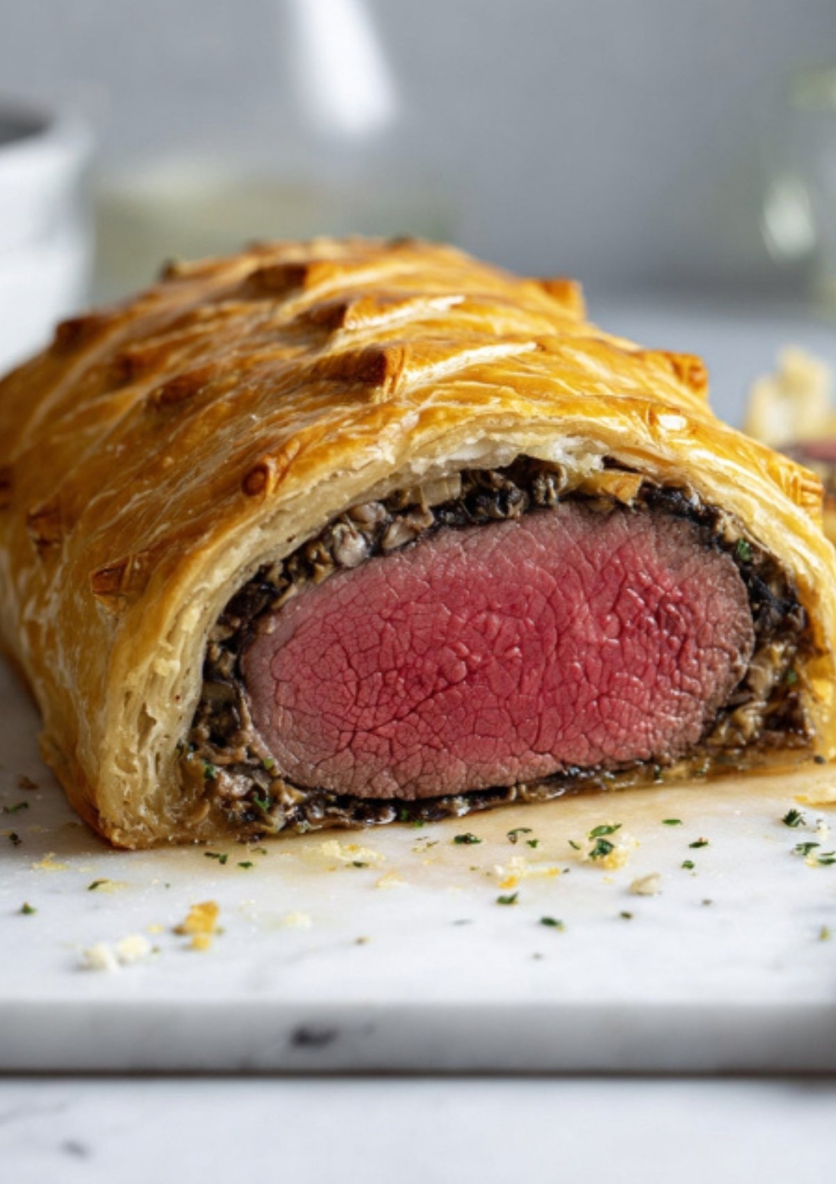 Freshly baked gluten free beef wellington with a golden crust, sliced open to show a tender beef center and mushroom filling.
