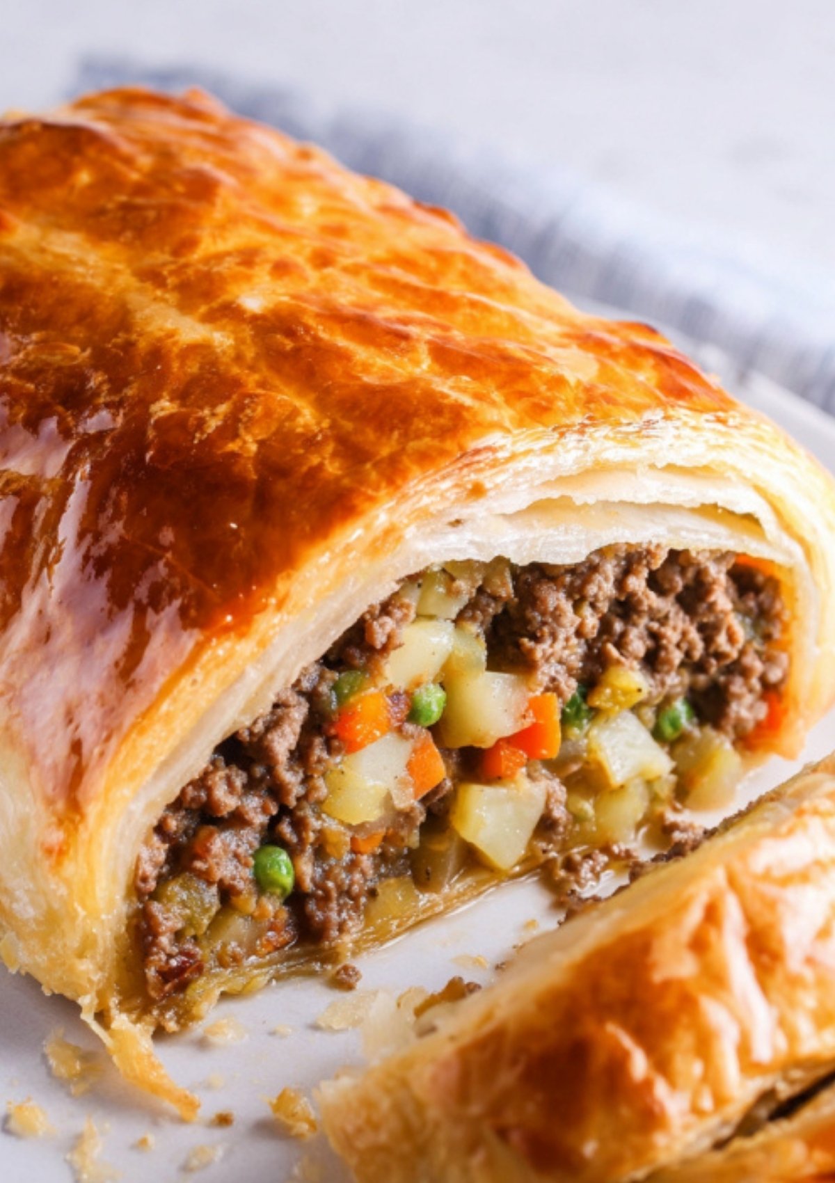 Sliced Poor Man’s Beef Wellington on a white plate with flaky pastry crust and savory filling. Perfect for Sunday dinner, meal prep, and easy entertaining.