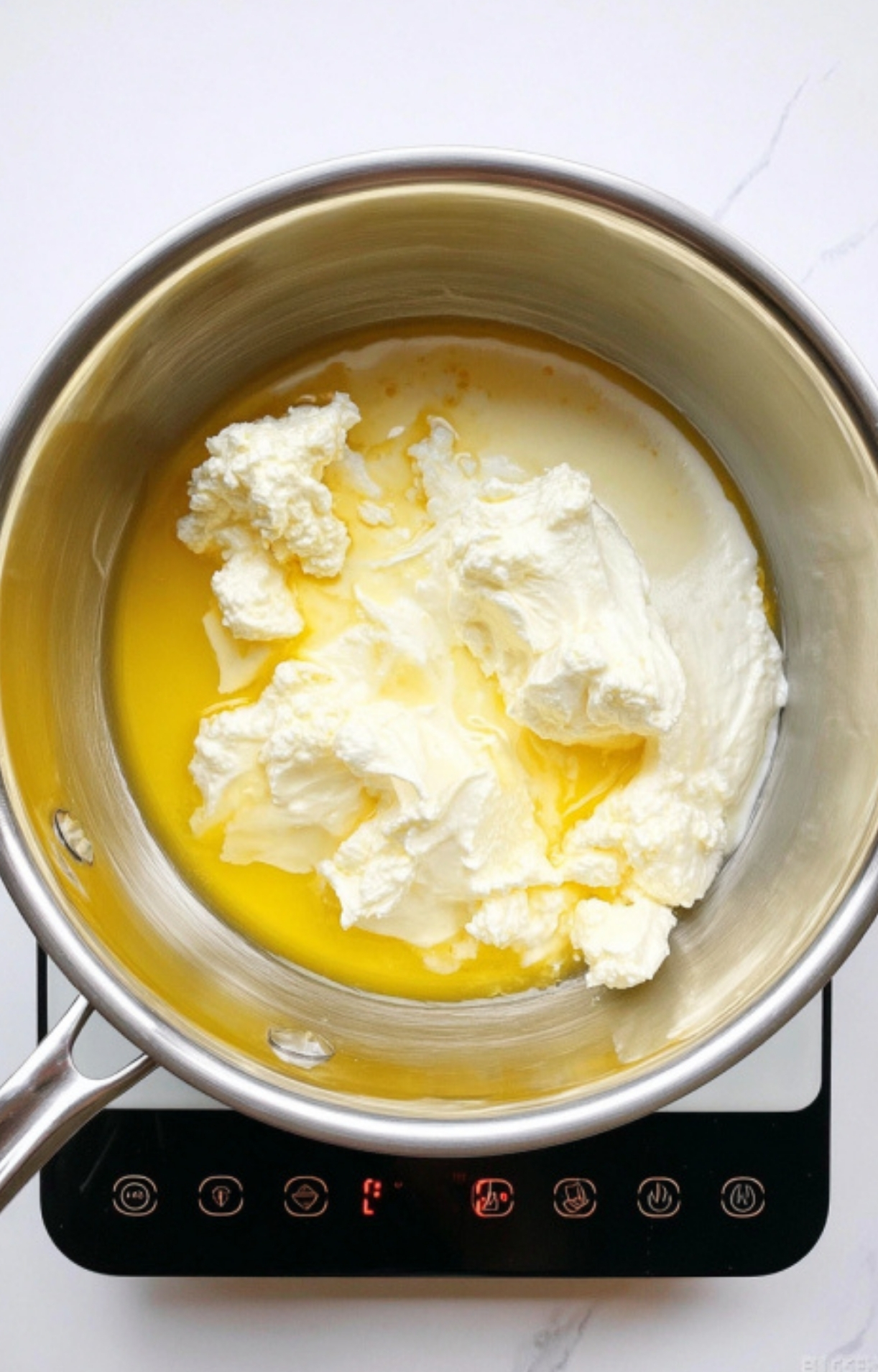 Butter, cream cheese, and milk added to a pot on the stove, ready to be blended for a classic holiday corn casserole.