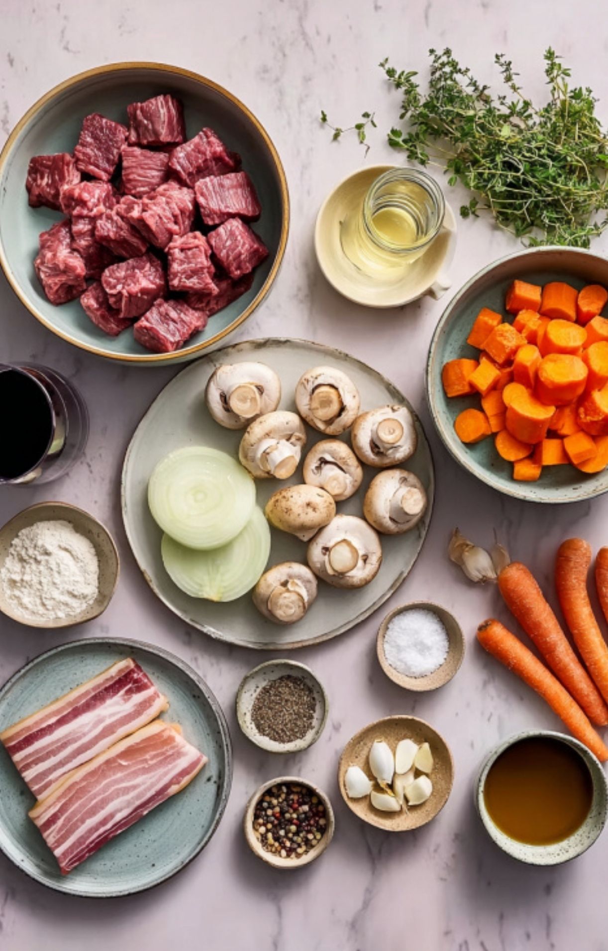 Assortment of ingredients including beef, bacon, mushrooms, carrots, onions, herbs, and red wine for a classic French beef stew.