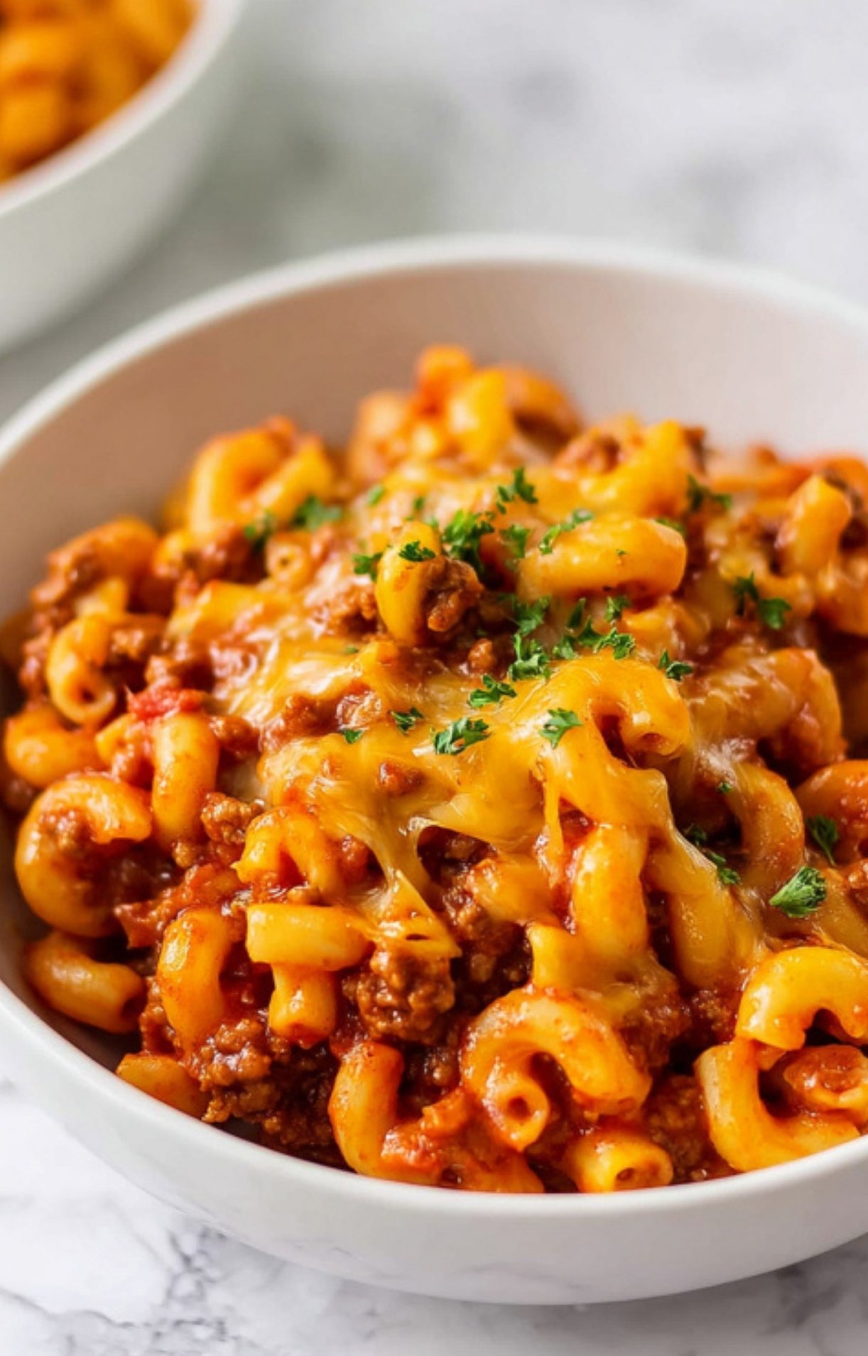 Bowl of cheesy goulash pasta topped with gooey cheese and fresh parsley. Hearty beef and pasta dinner idea for family meals and quick weeknight recipes.