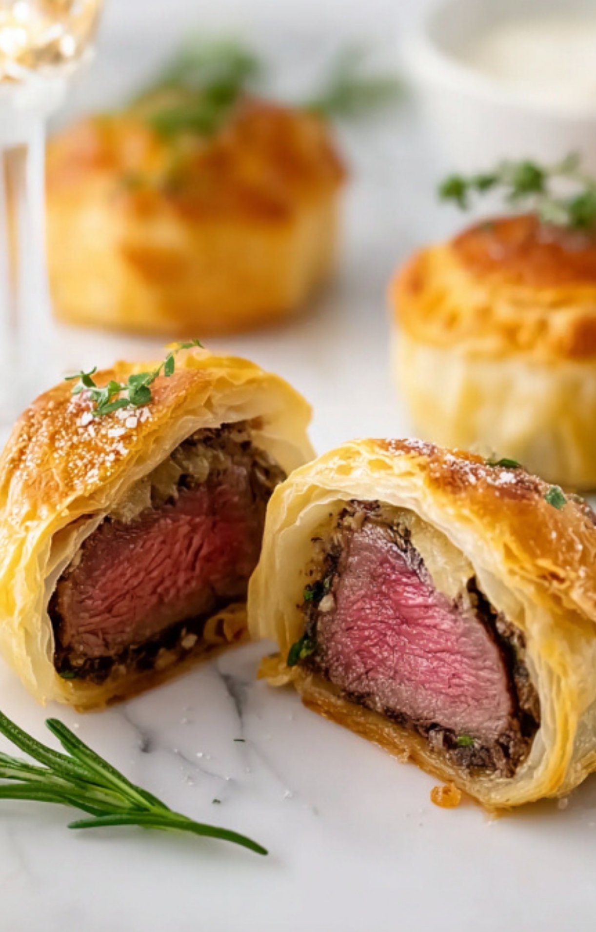 Mini Beef Wellington cut open to show juicy steak and savory mushroom filling inside flaky puff pastry, perfect for Christmas and New Year’s Eve appetizers.