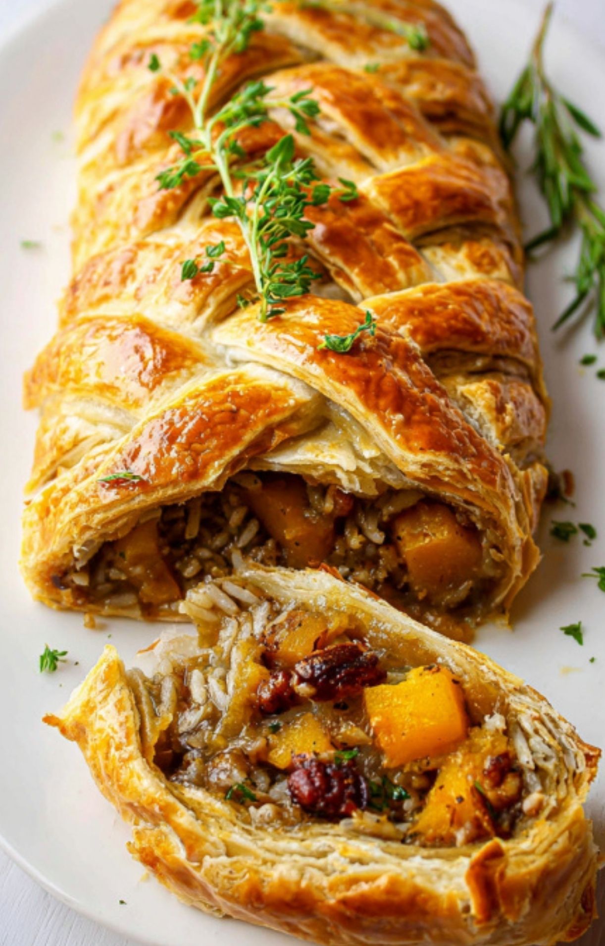 Golden puff pastry wrapped around a savory vegetarian beef wellington filling with roasted butternut squash, mushrooms, rice, and pecans, sliced to show the hearty plant-based layers.