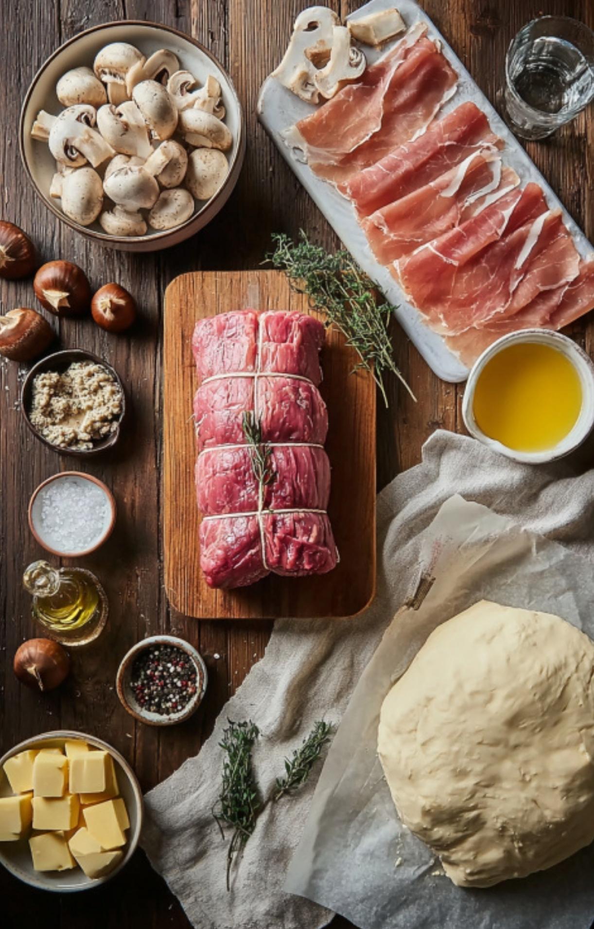 Flat lay of ingredients for Christmas Beef Wellington, including beef tenderloin, mushrooms, prosciutto, fresh herbs, and puff pastry. Holiday dinner essentials.