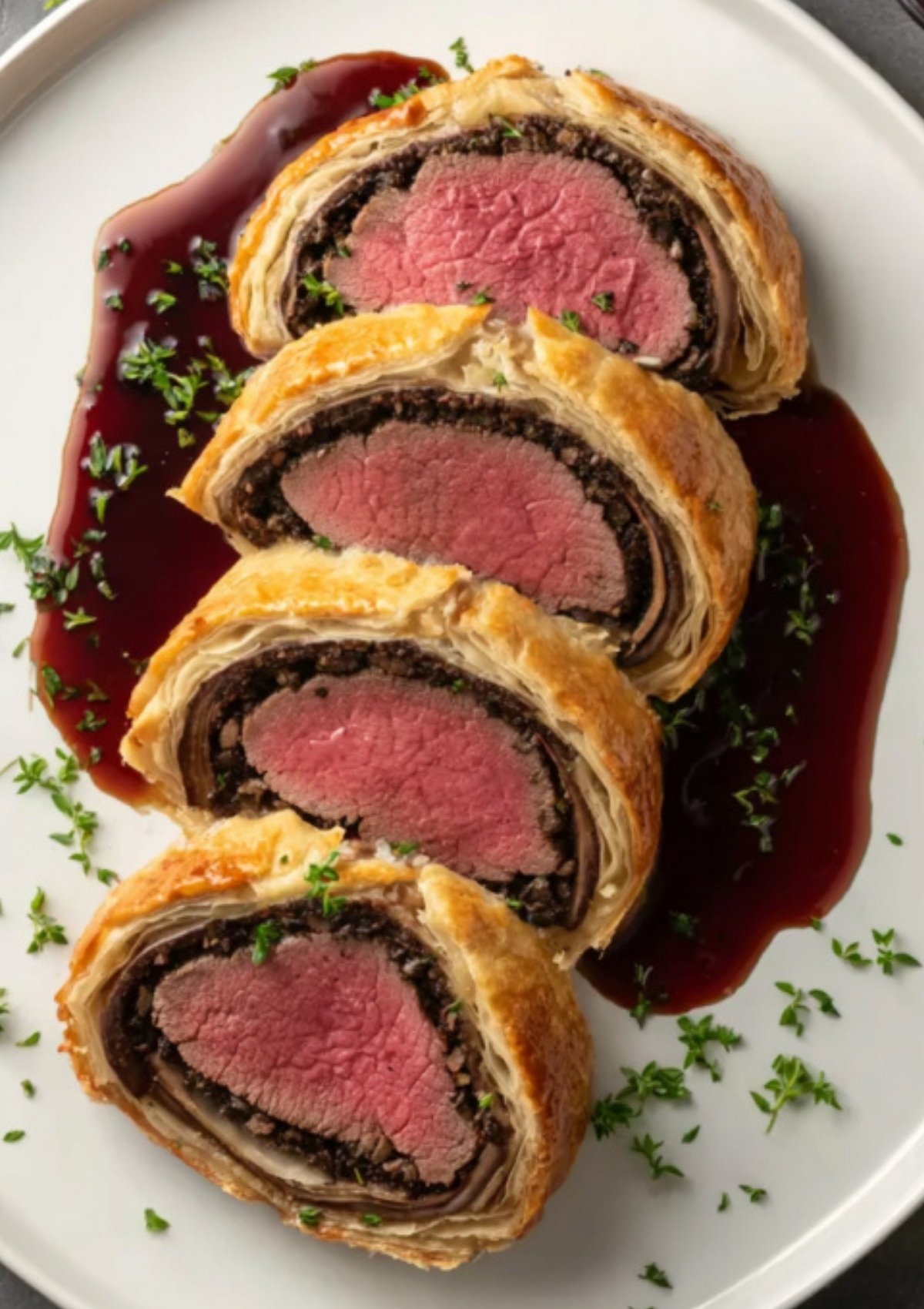 Thick slices of beef wellington with golden pastry and mushroom filling, plated with red wine sauce for an elegant meal or holiday celebration.