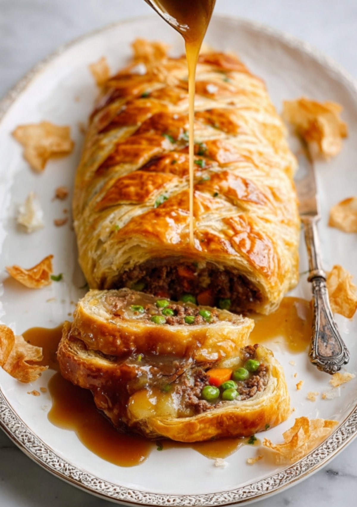 Gravy being poured over sliced beef wellington, highlighting flaky pastry and savory beef filling for special dinners.