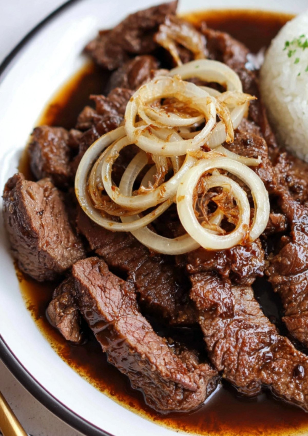 Plate of Beef Steak Filipino with sautéed onions and rice on the side.
