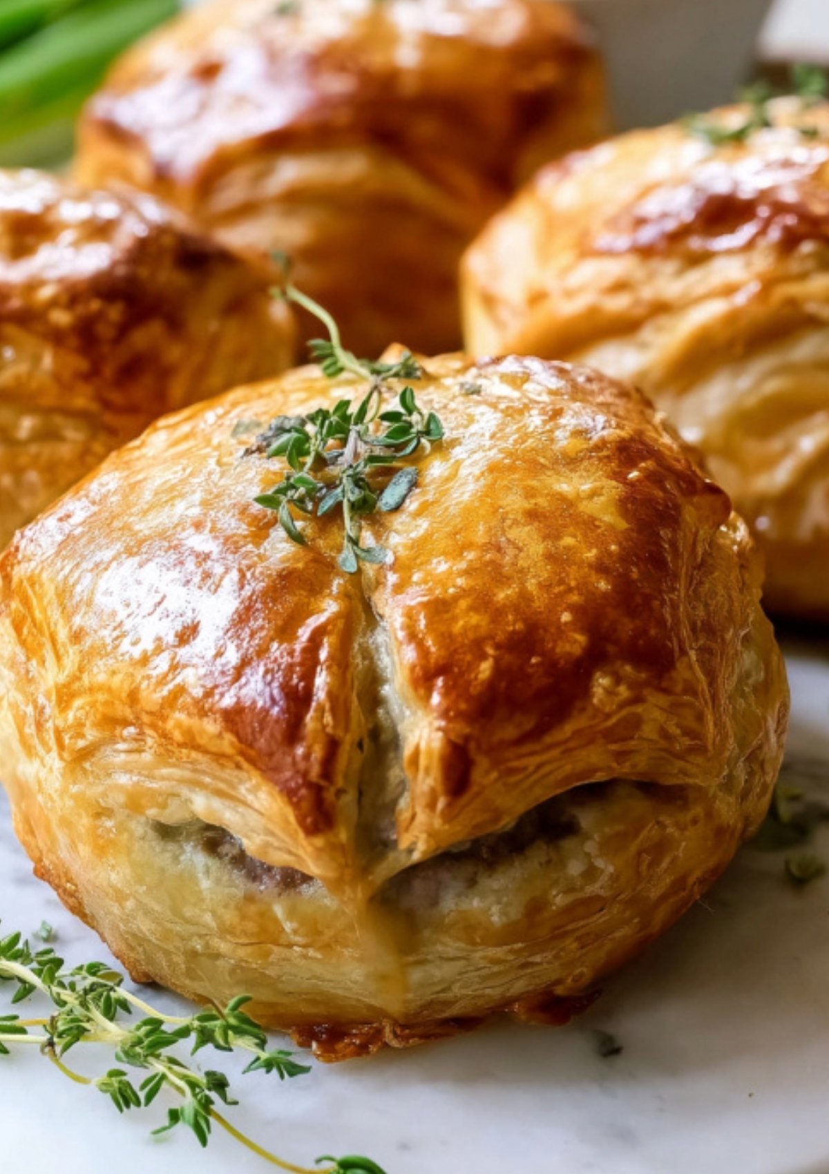Closeup of crispy, golden-baked individual beef wellington topped with fresh thyme. Impressive for dinner parties, date nights, or holiday feasts.