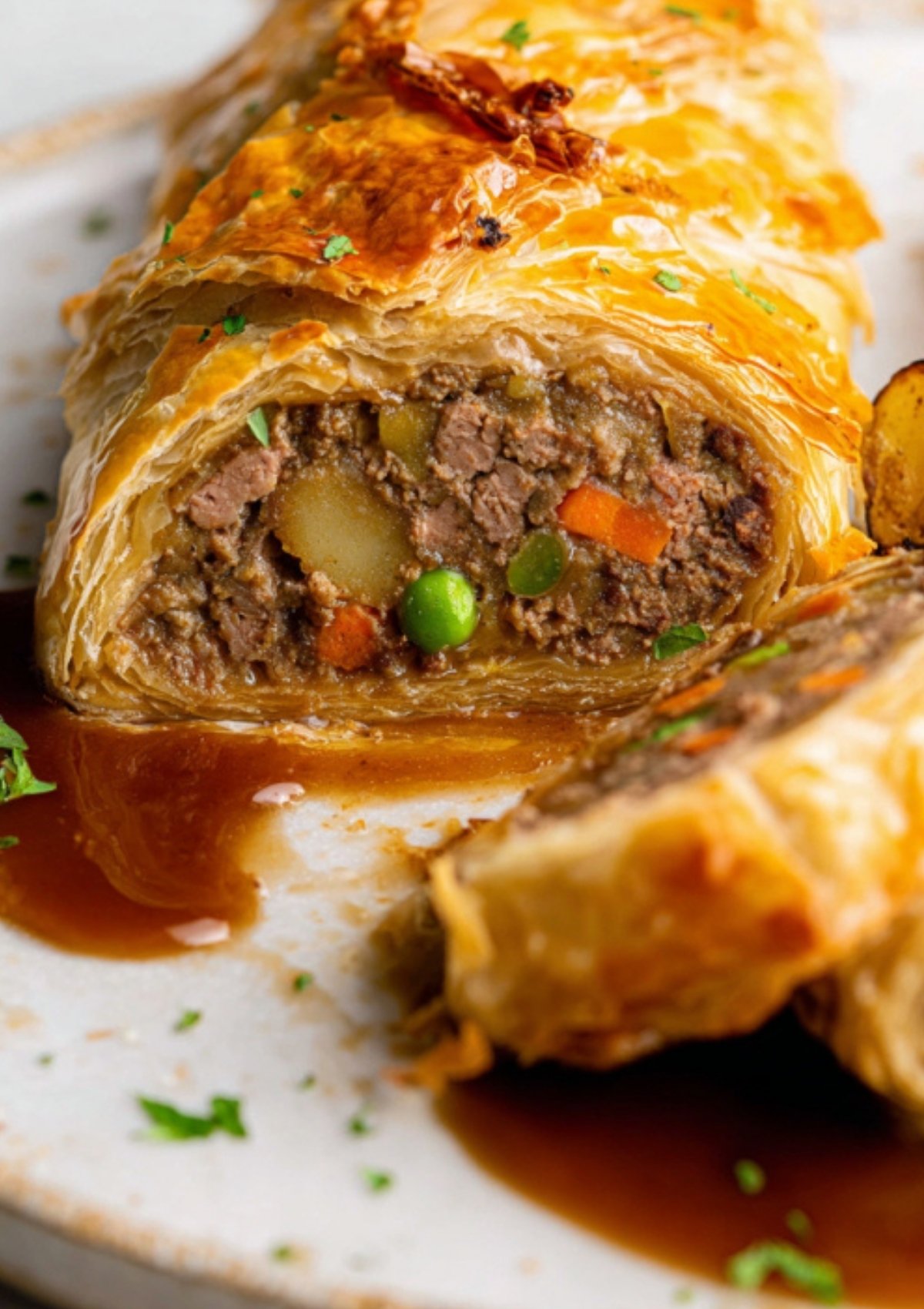 Sliced ground beef wellington filled with peas, carrots, and potatoes, topped with rich brown gravy on a plate.