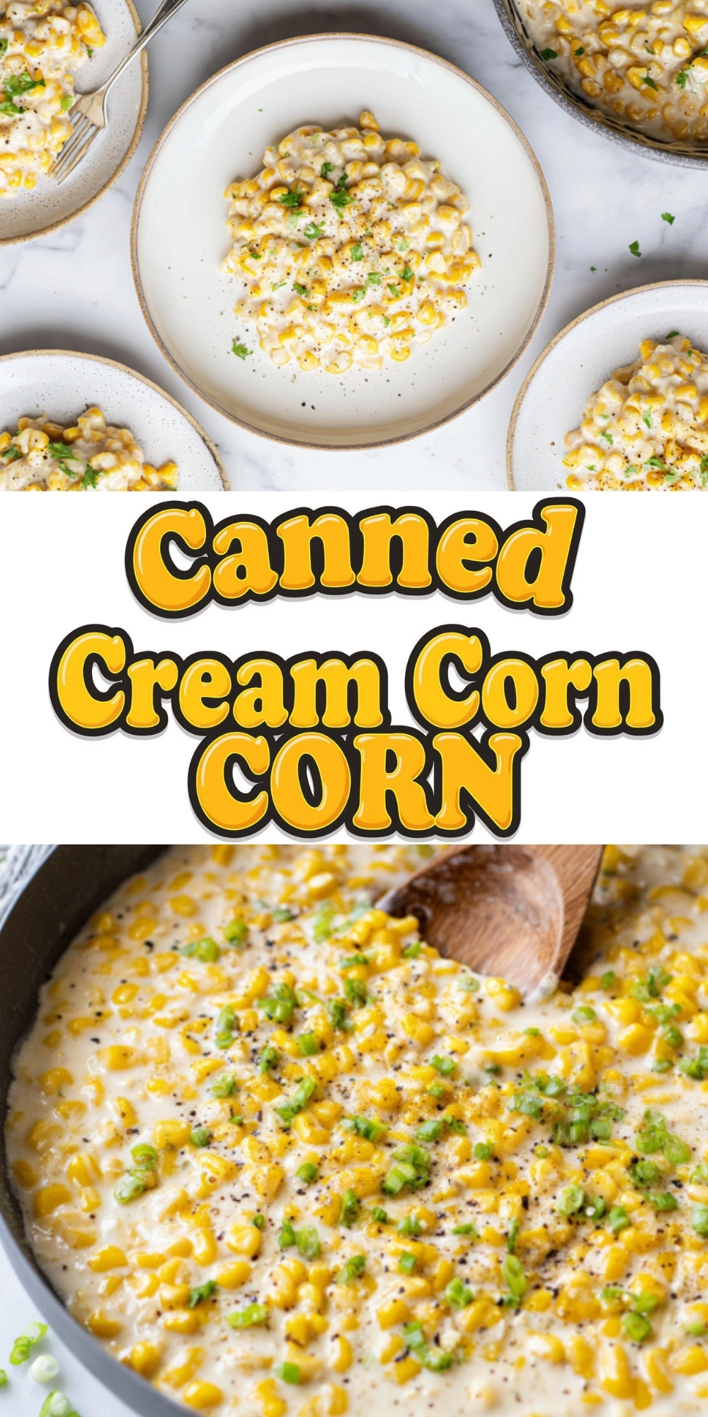 Bowl of creamy canned cream corn served as a comforting side dish, topped with fresh herbs and black pepper. Easy Southern-style recipe for Thanksgiving, Christmas, potlucks, and weeknight dinners.