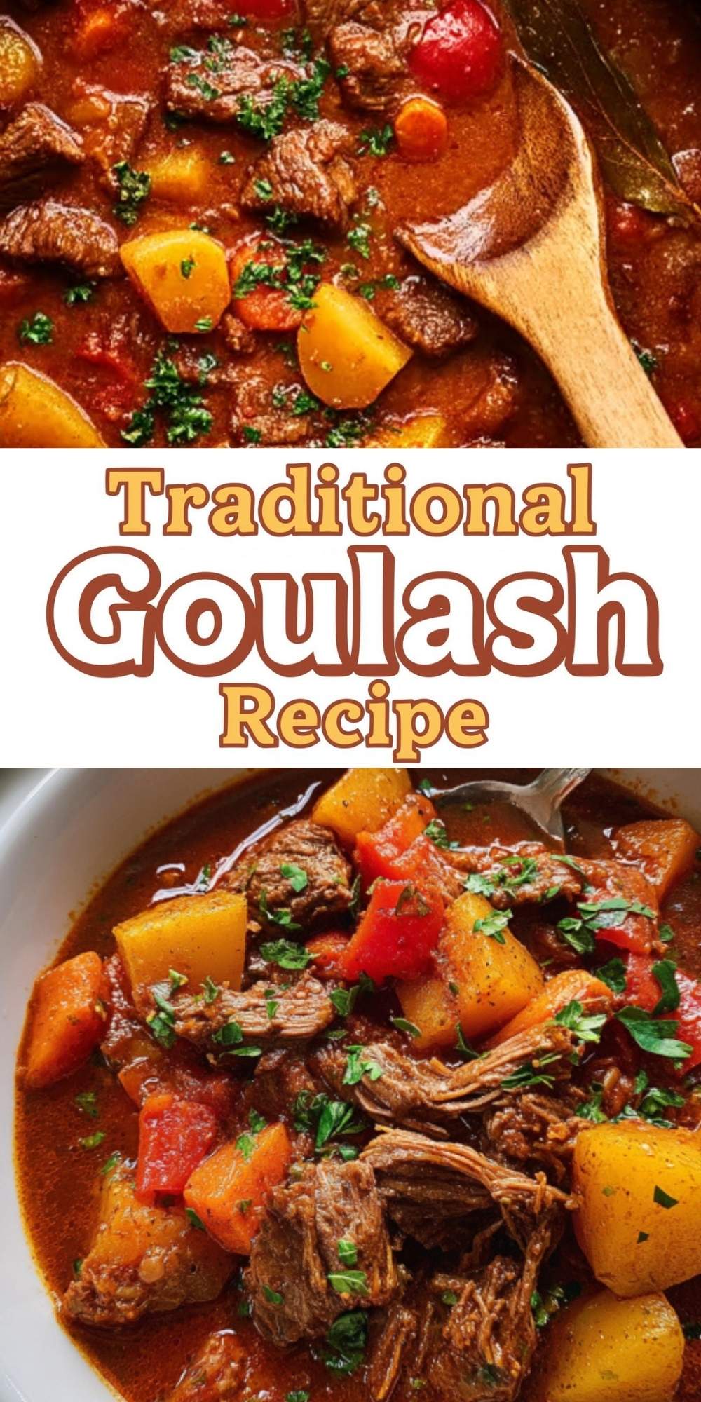 A collage featuring rich Hungarian goulash with beef, potatoes, carrots, and a flavorful paprika broth, perfect for a comforting homemade meal.