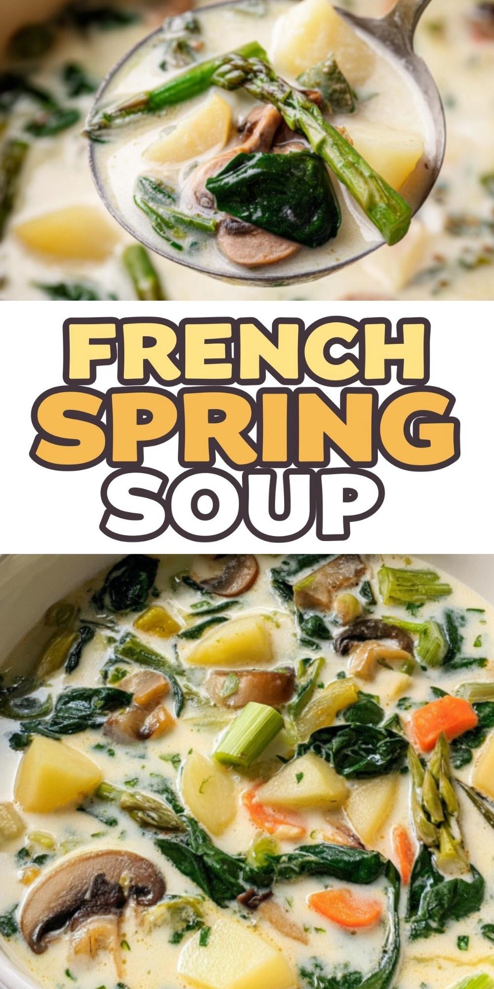 A ladle and bowl of creamy French spring soup filled with potatoes, carrots, spinach, asparagus, and mushrooms. Fresh vegetables in a light, healthy soup perfect for spring dinners.