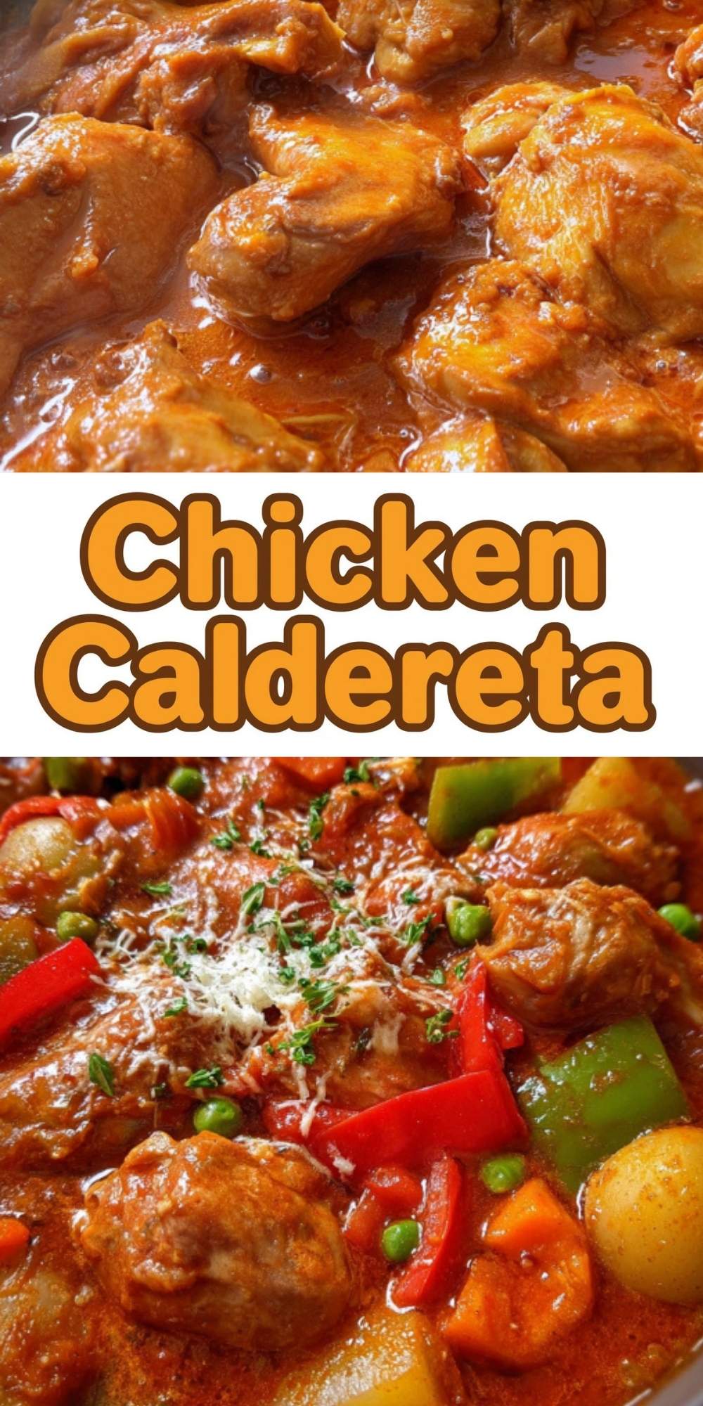 Two photos of chicken caldereta: tender chicken pieces in a savory tomato sauce, and a colorful stew with bell peppers, carrots, potatoes, and cheese. Easy Filipino comfort food perfect for weeknight dinners or special gatherings.
