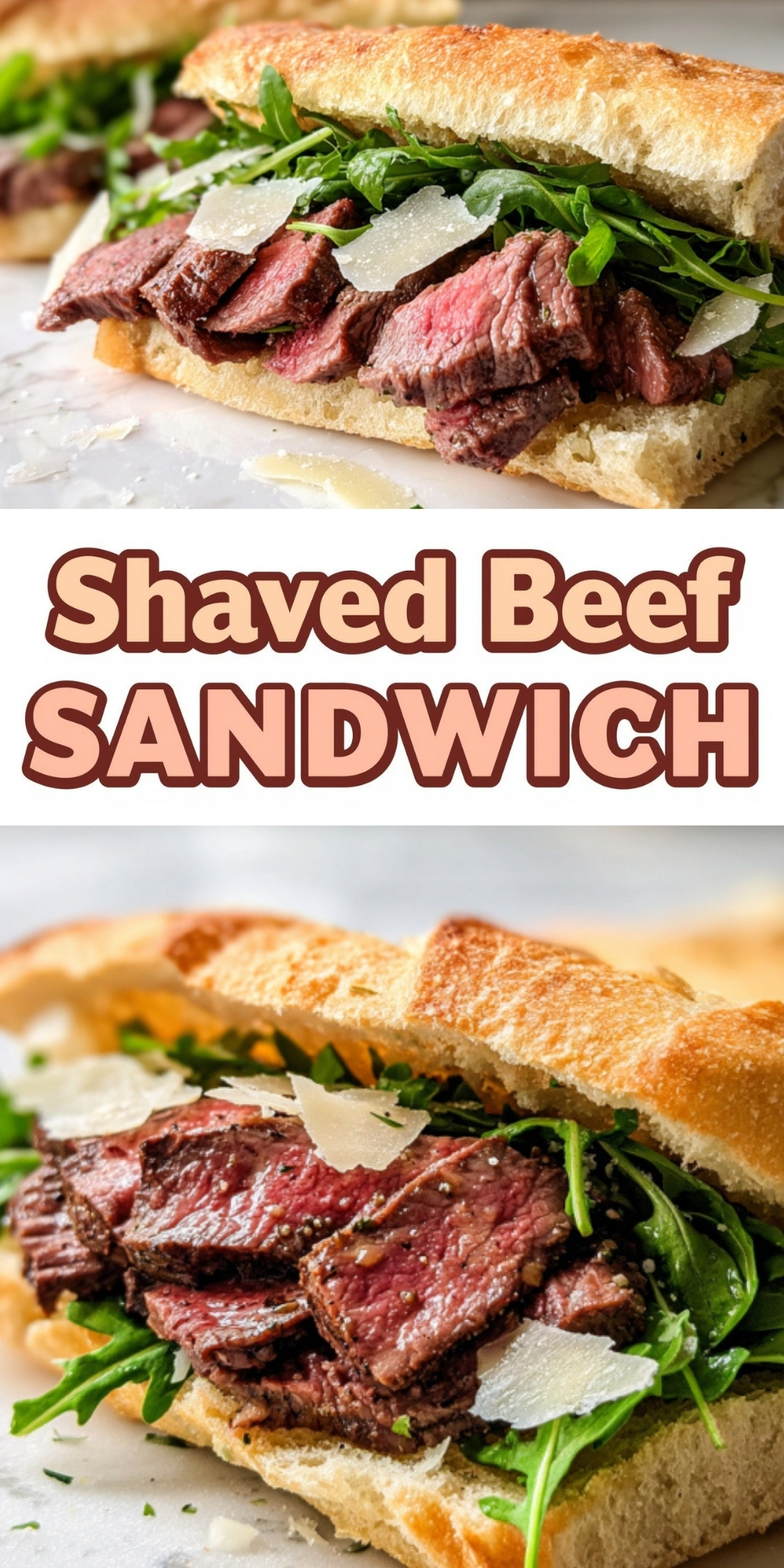 Close-up of a shaved beef sandwich with arugula and parmesan on a crispy baguette, perfect for an easy lunch or dinner idea.