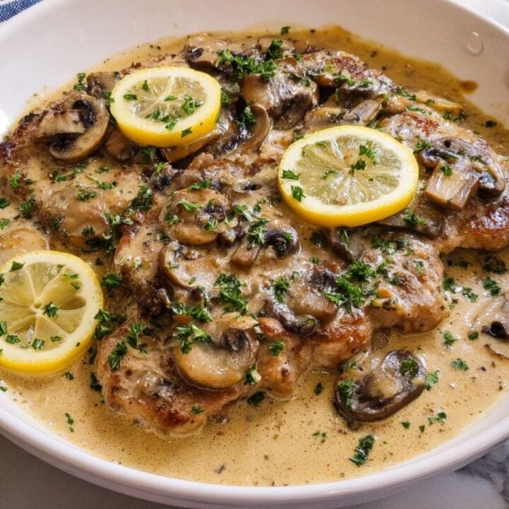 Tender veal cutlets in creamy white wine mushroom sauce topped with lemon slices and fresh parsley, ideal for an easy family meal or holiday main dish.
