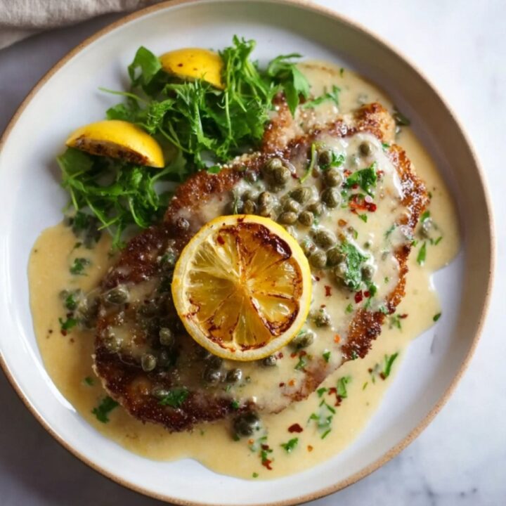 A beautifully plated veal scallopini covered in caper sauce next to a lemon wedge and arugula salad.