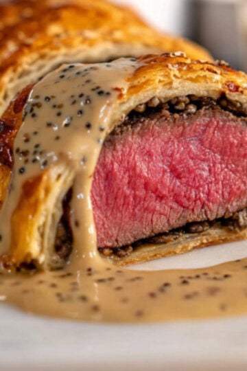 Tender slice of Beef Wellington topped with rich homemade peppercorn cream sauce, highlighting an elegant holiday or dinner party presentation.