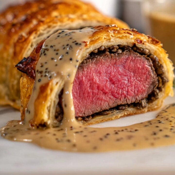 Tender slice of Beef Wellington topped with rich homemade peppercorn cream sauce, highlighting an elegant holiday or dinner party presentation.