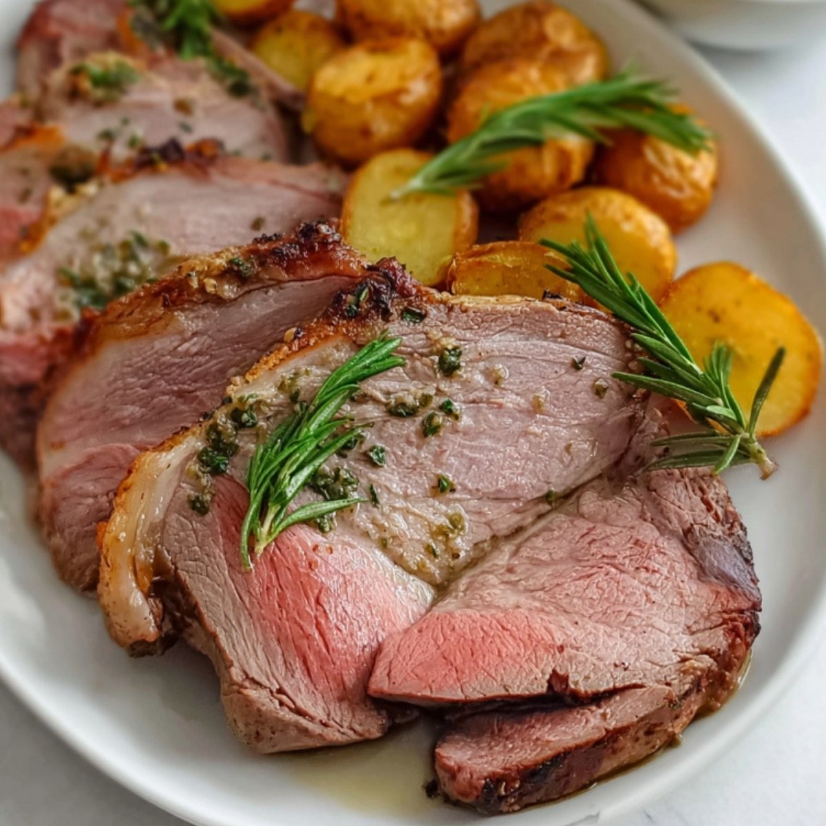 Slices of roasted boneless lamb on a plate with crispy potatoes, garnished with fresh rosemary