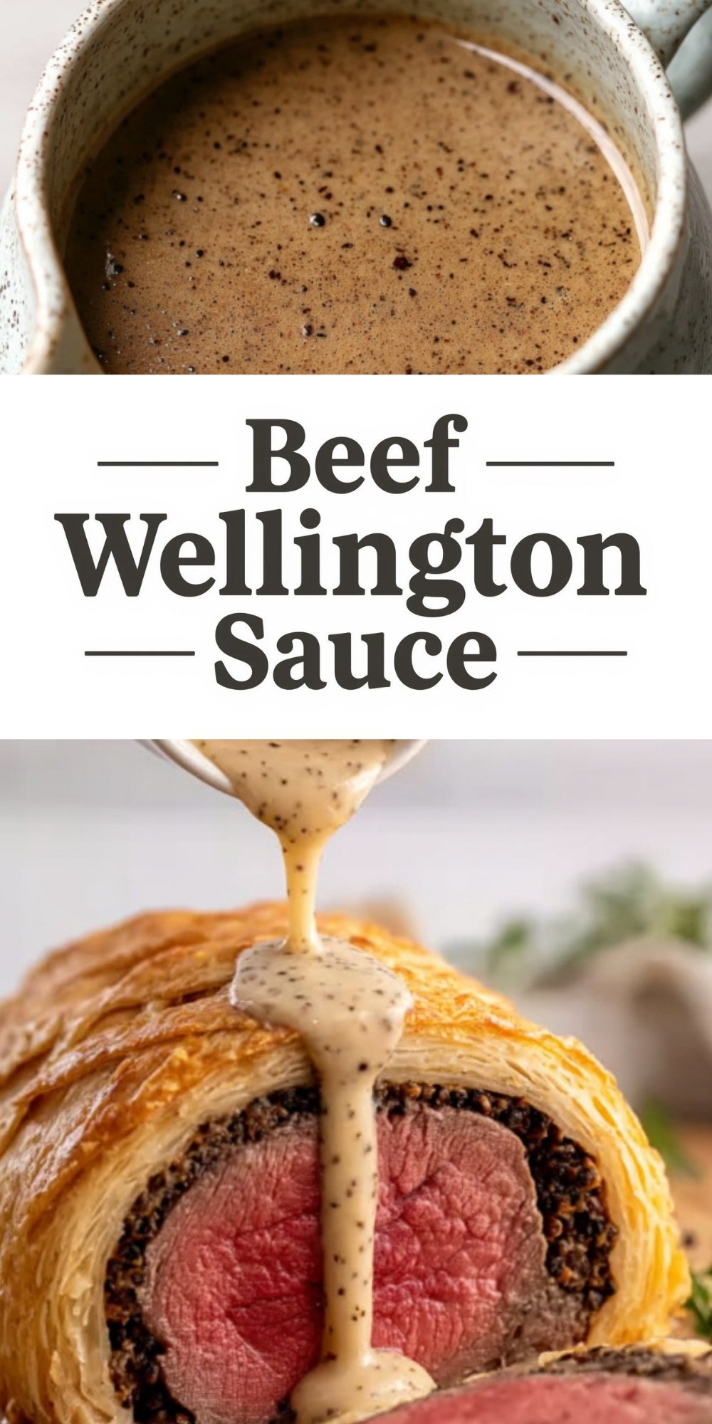 Two images: a rustic jug of creamy black peppercorn sauce and Beef Wellington with sauce poured on top. This rich sauce is perfect for Christmas dinner, holiday entertaining, and special occasion recipes.