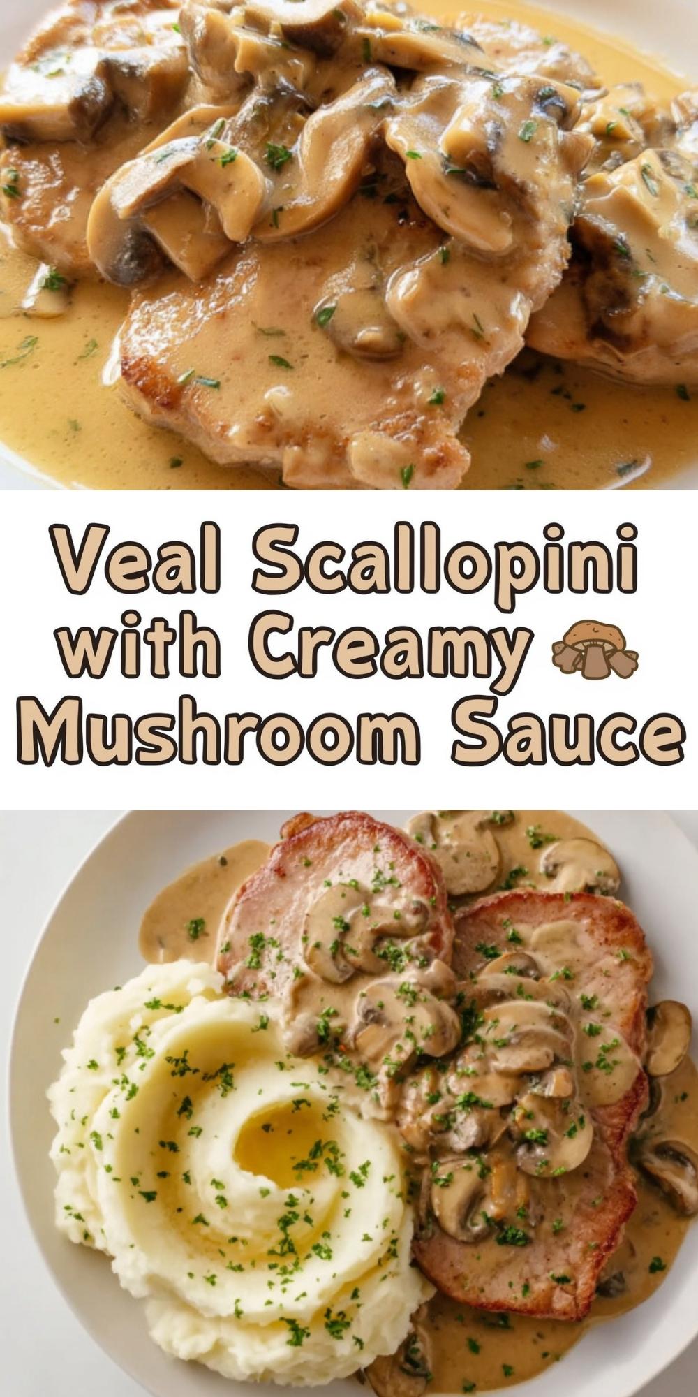 Plate of veal scallopini covered in creamy mushroom sauce, served with mashed potatoes. This pin shows a comforting Italian dinner perfect for cozy nights and special occasions. Rich sauce and tender veal make it a family favorite.