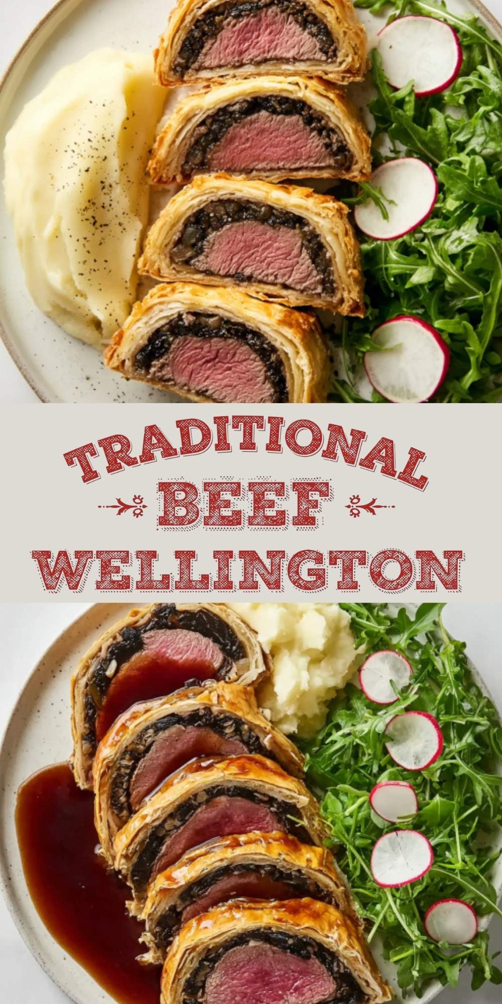 Traditional Beef Wellington slices with golden puff pastry, tender beef center, mashed potatoes, and fresh arugula salad. Perfect for Christmas dinner, holiday entertaining, or any special occasion.