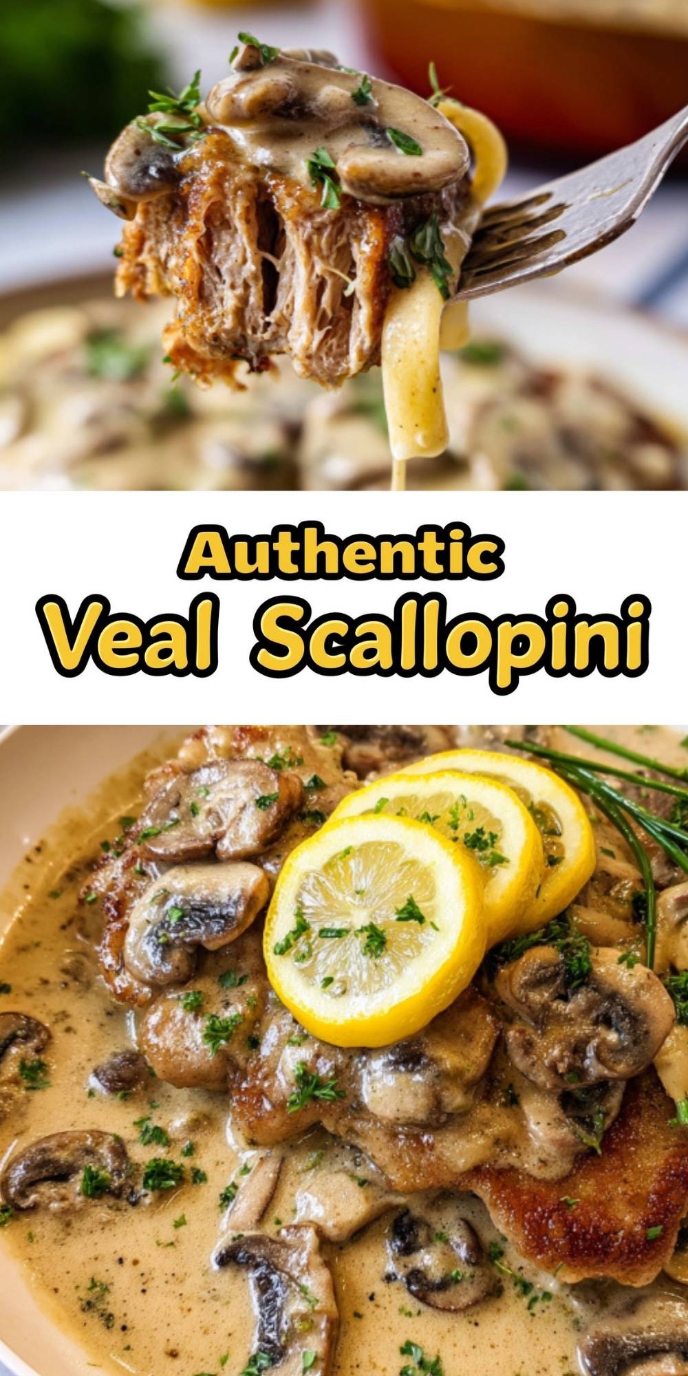 A close-up of fork-tender veal scallopini with creamy mushroom sauce, fresh herbs, and lemon slices, perfect for an Italian dinner or cozy weeknight meal.