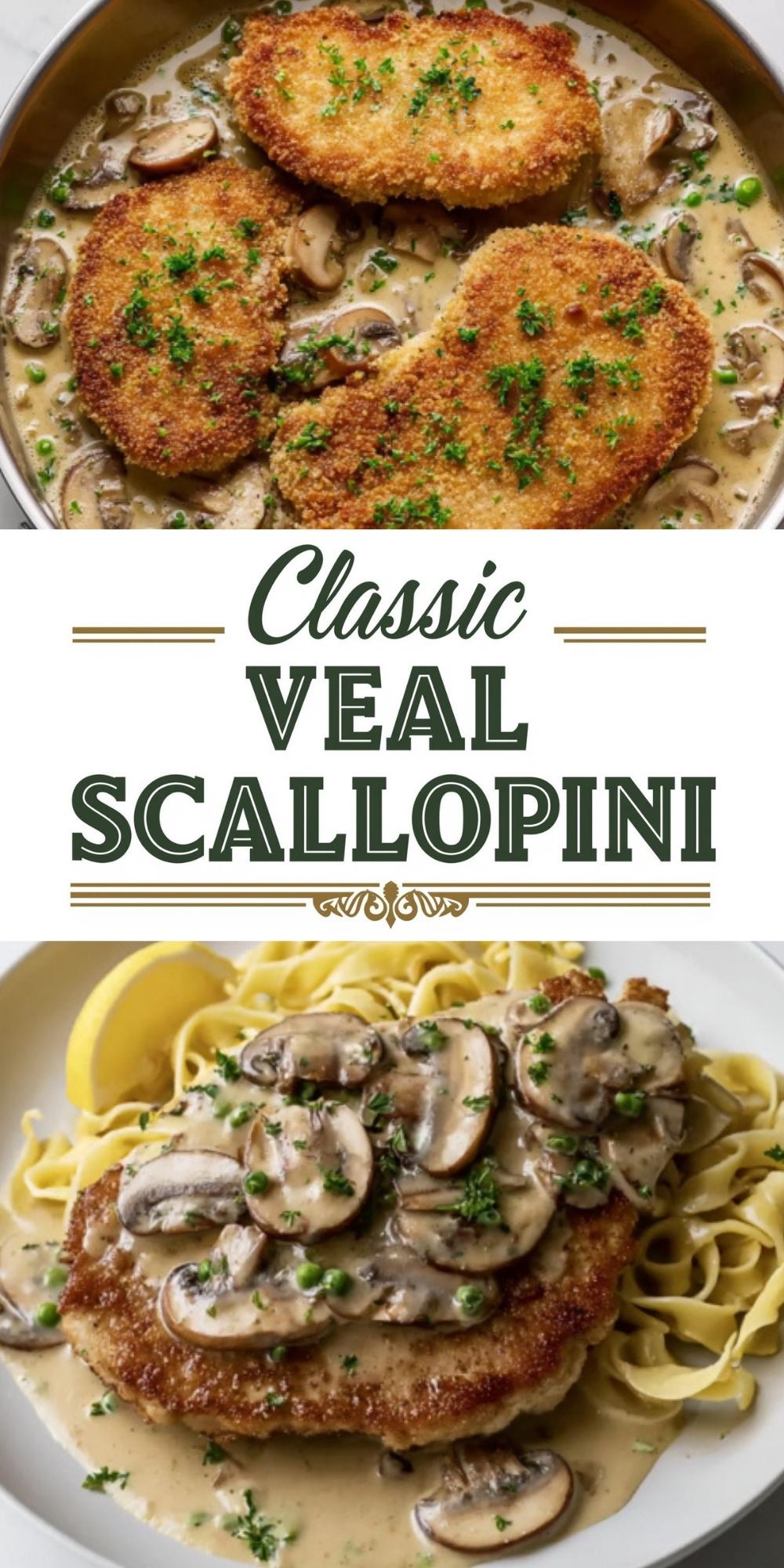 Crispy veal scallopini cutlets topped with creamy mushroom sauce, served over pasta with fresh parsley and lemon slices on a white plate.