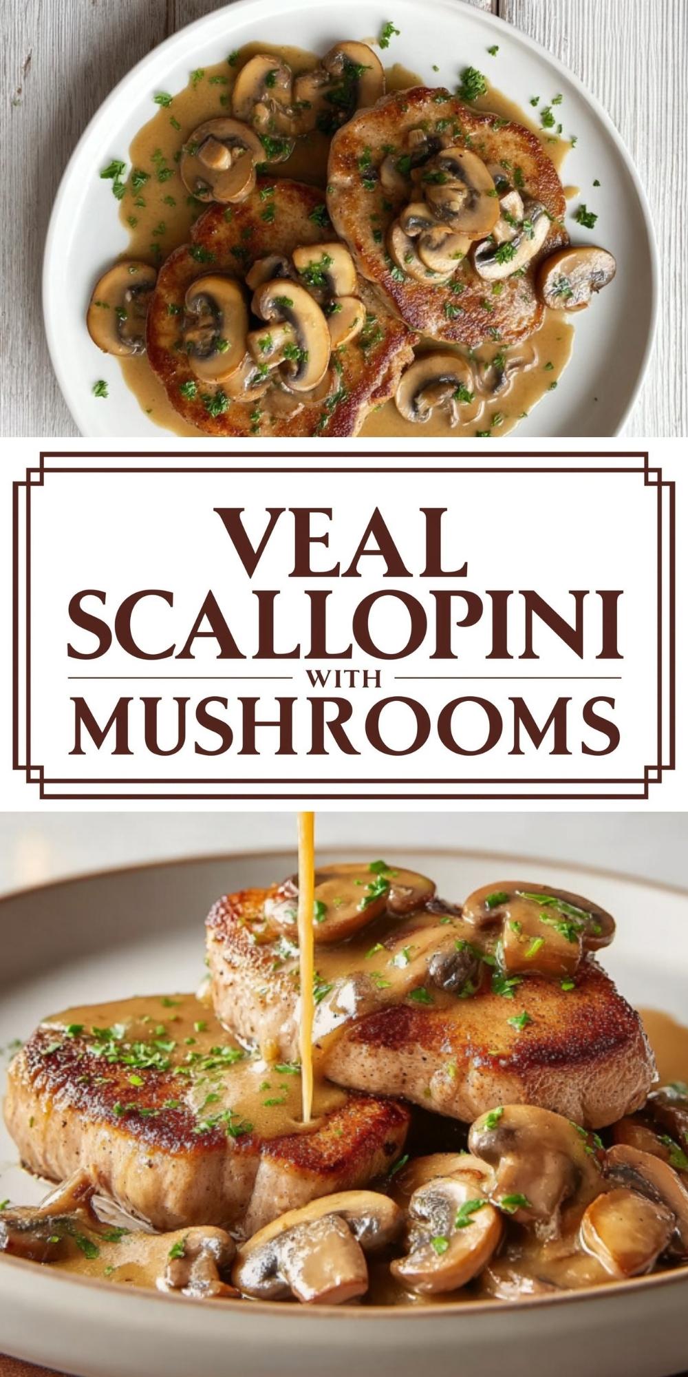 Collage pin showing tender veal scallopini cutlets topped with creamy mushroom sauce and fresh parsley. This easy Italian dinner is perfect for cozy weeknight meals or special occasions.