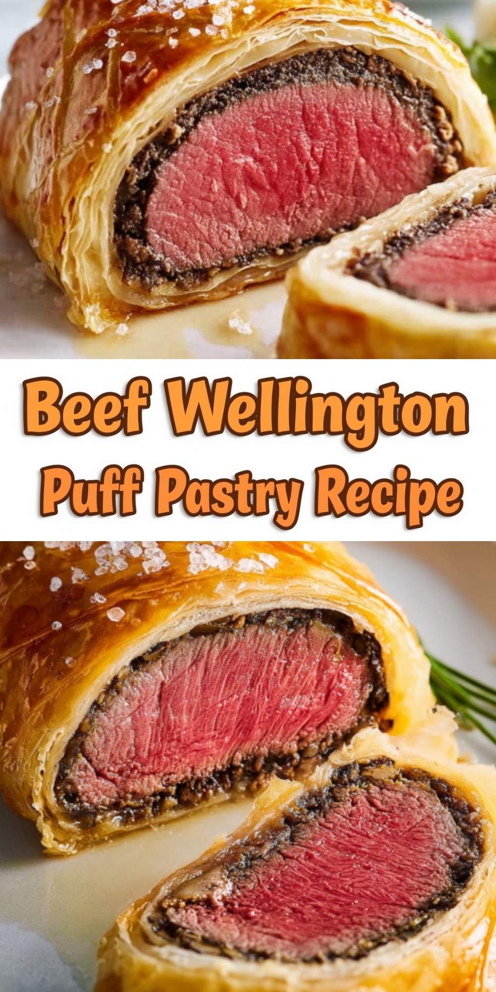 Golden beef Wellington puff pastry sliced open to reveal juicy, medium-rare beef wrapped in a crisp, flaky crust, perfect for Christmas dinner, holiday entertaining, and special occasions.