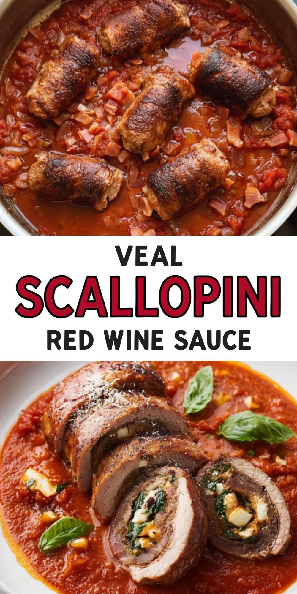 Two-part image showing veal scallopini rolls simmering in a chunky red wine tomato sauce and sliced stuffed veal scallopini served with rich red wine sauce and fresh basil on a white plate.