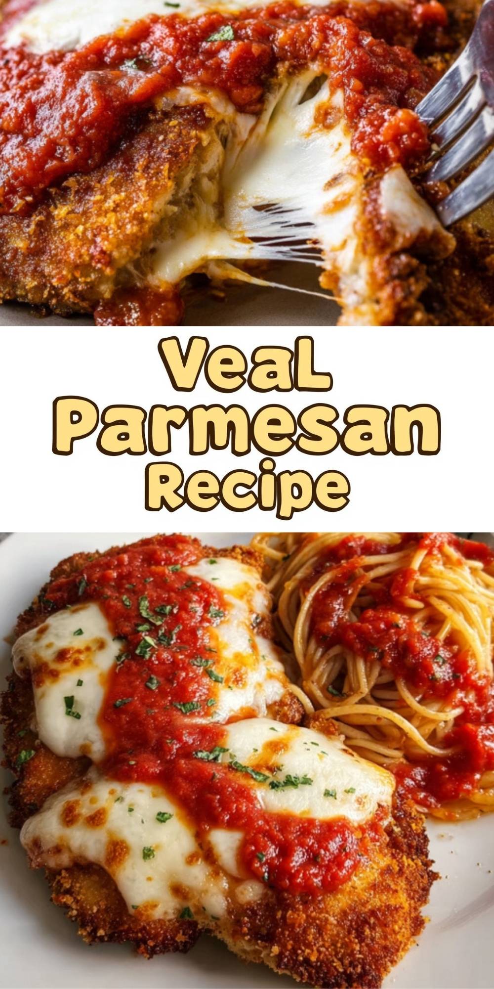 Baked veal Parmesan with golden breading, melted mozzarella, and rich tomato sauce, served with spaghetti, classic Italian comfort food