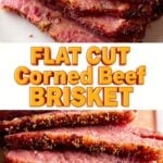 Sliced flat cut corned beef brisket with a peppered spice crust, showing juicy, tender beef perfect for St. Patrick&rsquo;s Day, holiday dinners, or an easy family meal.
