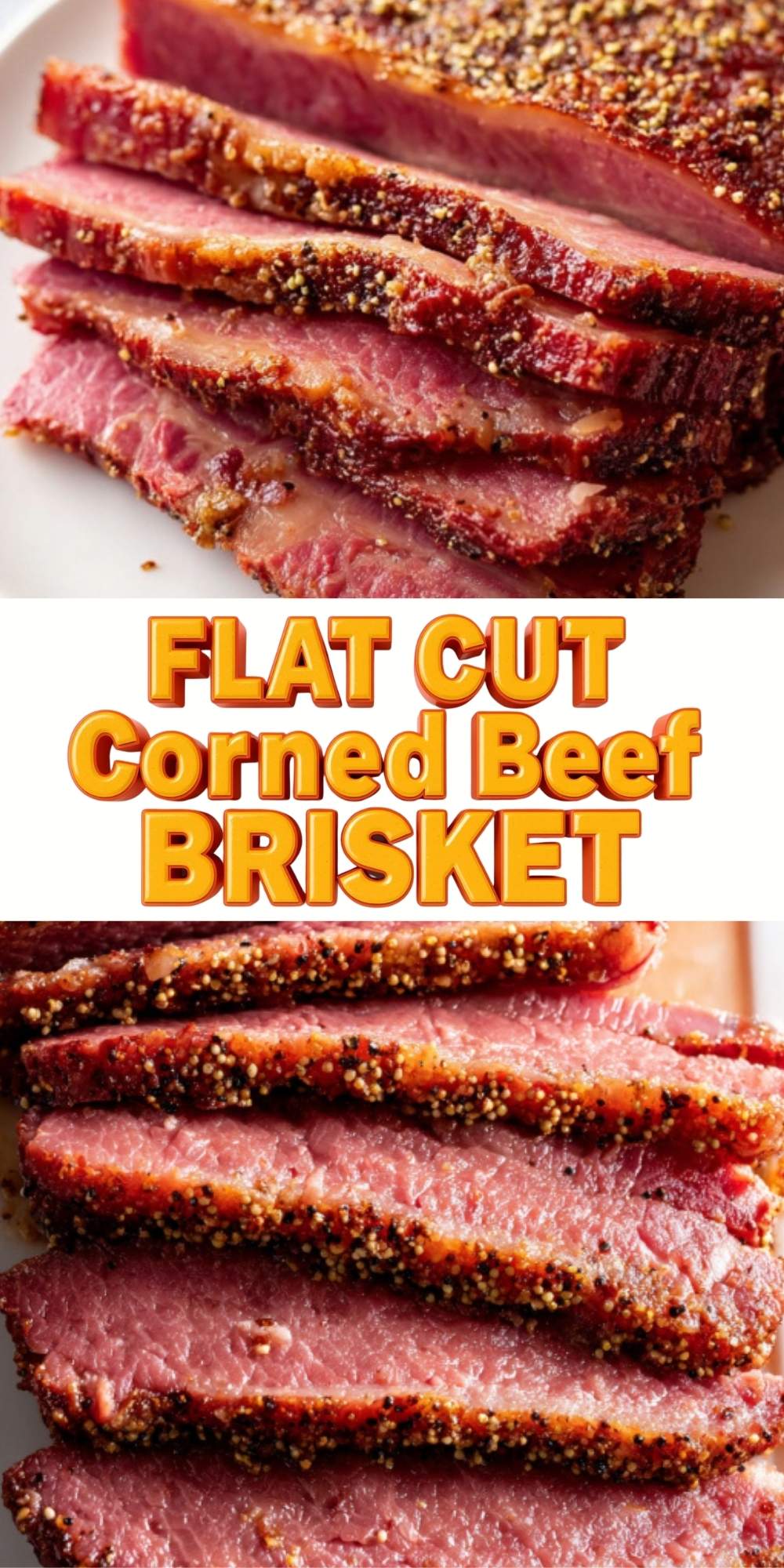 Sliced flat cut corned beef brisket with a peppered spice crust, showing juicy, tender beef perfect for St. Patrick’s Day, holiday dinners, or an easy family meal.