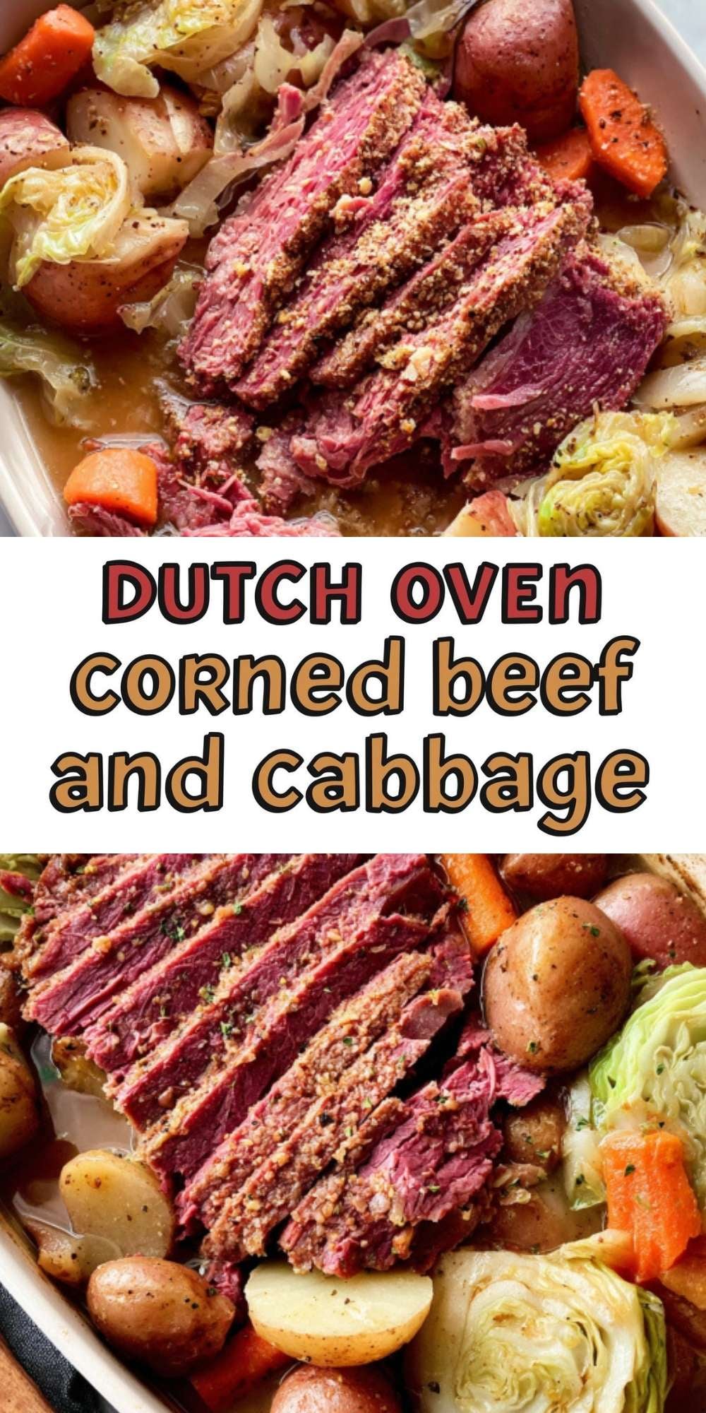 Sliced Dutch oven corned beef with cabbage, red potatoes, and carrots in a rich broth. This easy one-pot meal is perfect for St. Patrick’s Day, family dinners, and cozy comfort food.