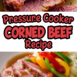 Slices of pressure cooker corned beef brisket served with gravy and colorful bell peppers. Perfect quick dinner for St. Patrick&rsquo;s Day or a cozy family meal.