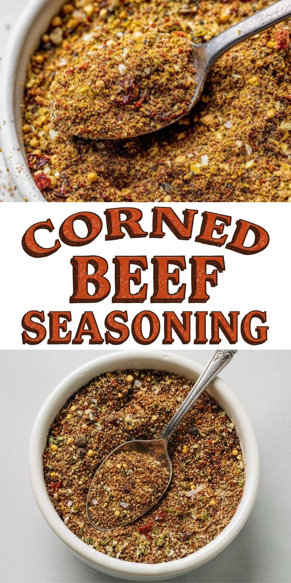 Close-up of homemade corned beef seasoning blend in a small bowl with a spoon, showing a mix of ground spices and whole seeds, perfect for seasoning brisket or holiday recipes.