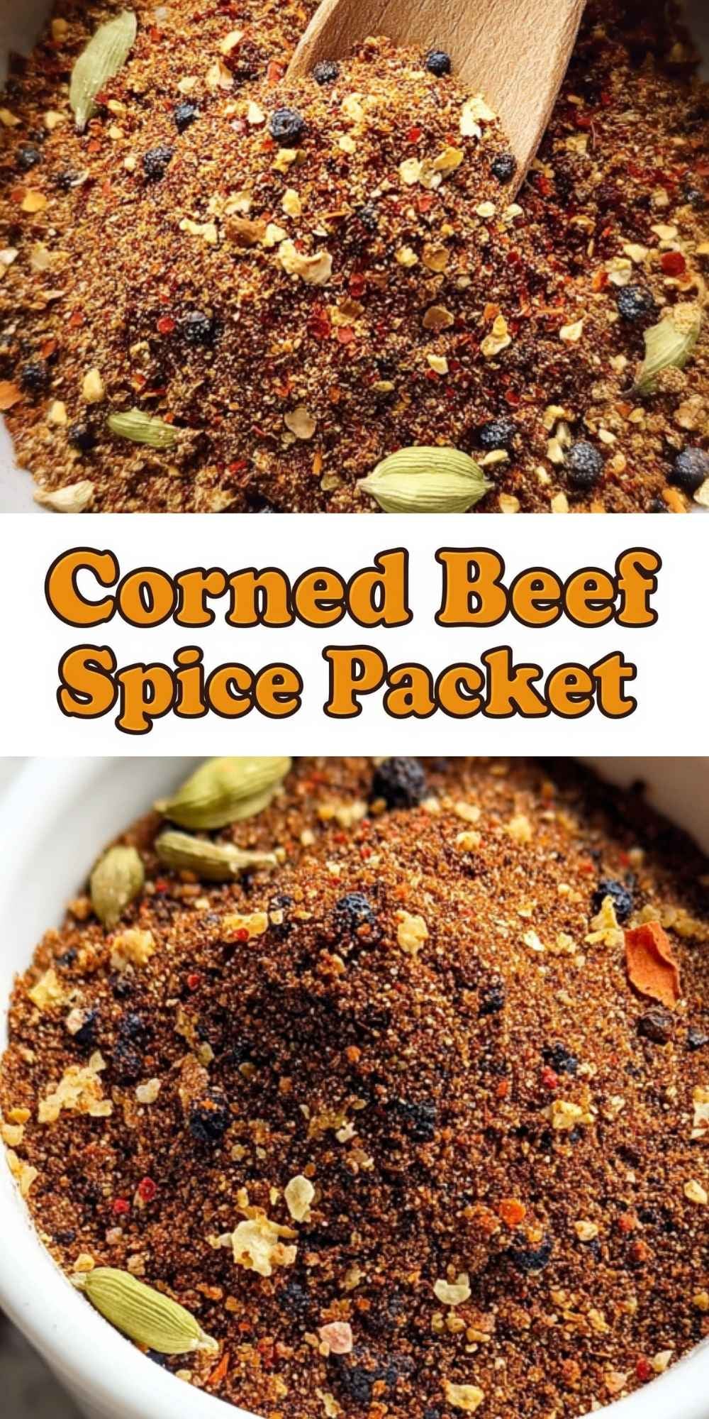 Collage of Corned Beef Spice Packet with text overlay &ldquo;Corned Beef Spice Packet,&rdquo; showing the coarse, aromatic spice blend in a bowl.
