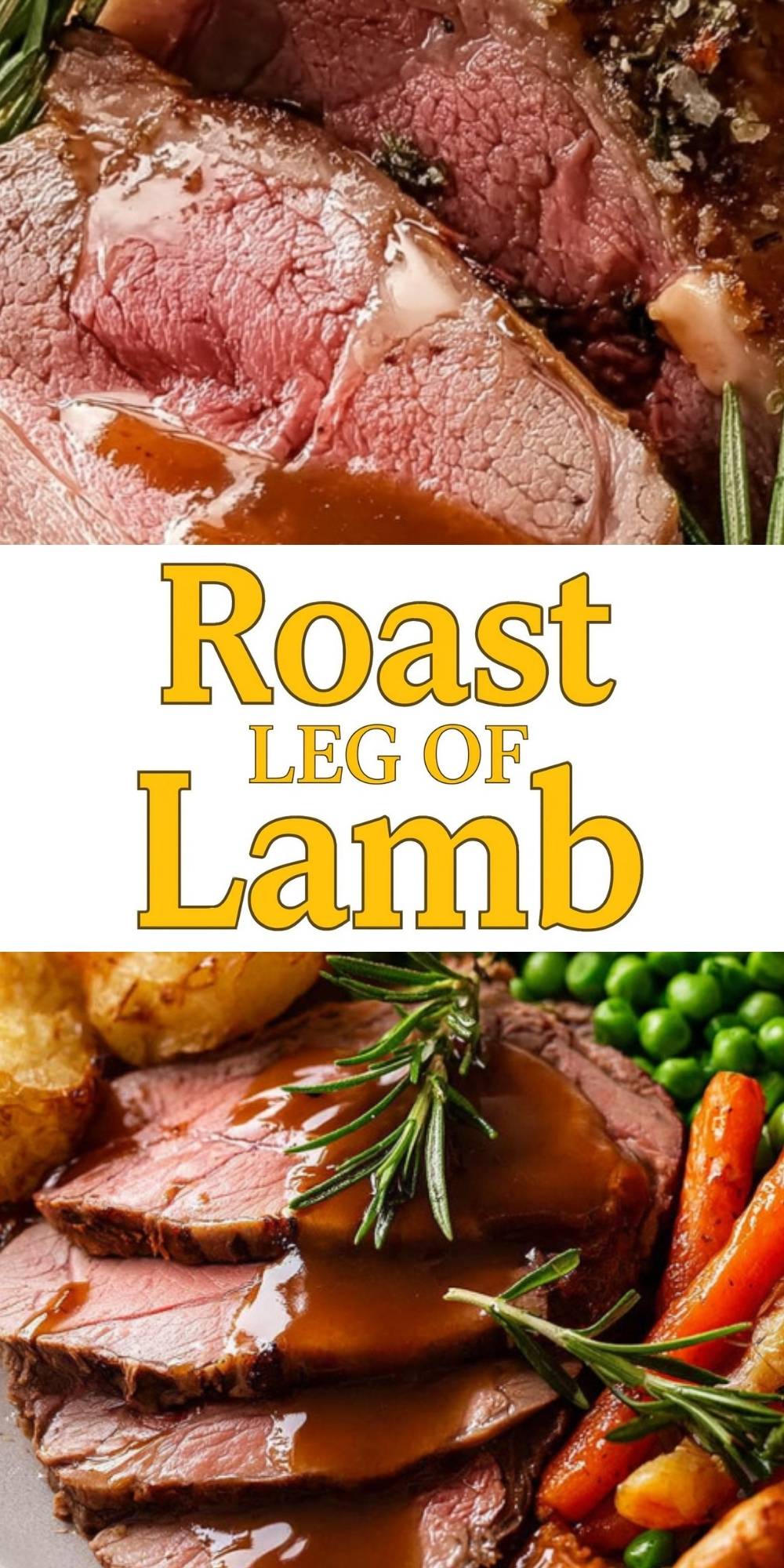 Sliced roast leg of lamb with garlic rosemary crust served with gravy roasted potatoes carrots and peas
