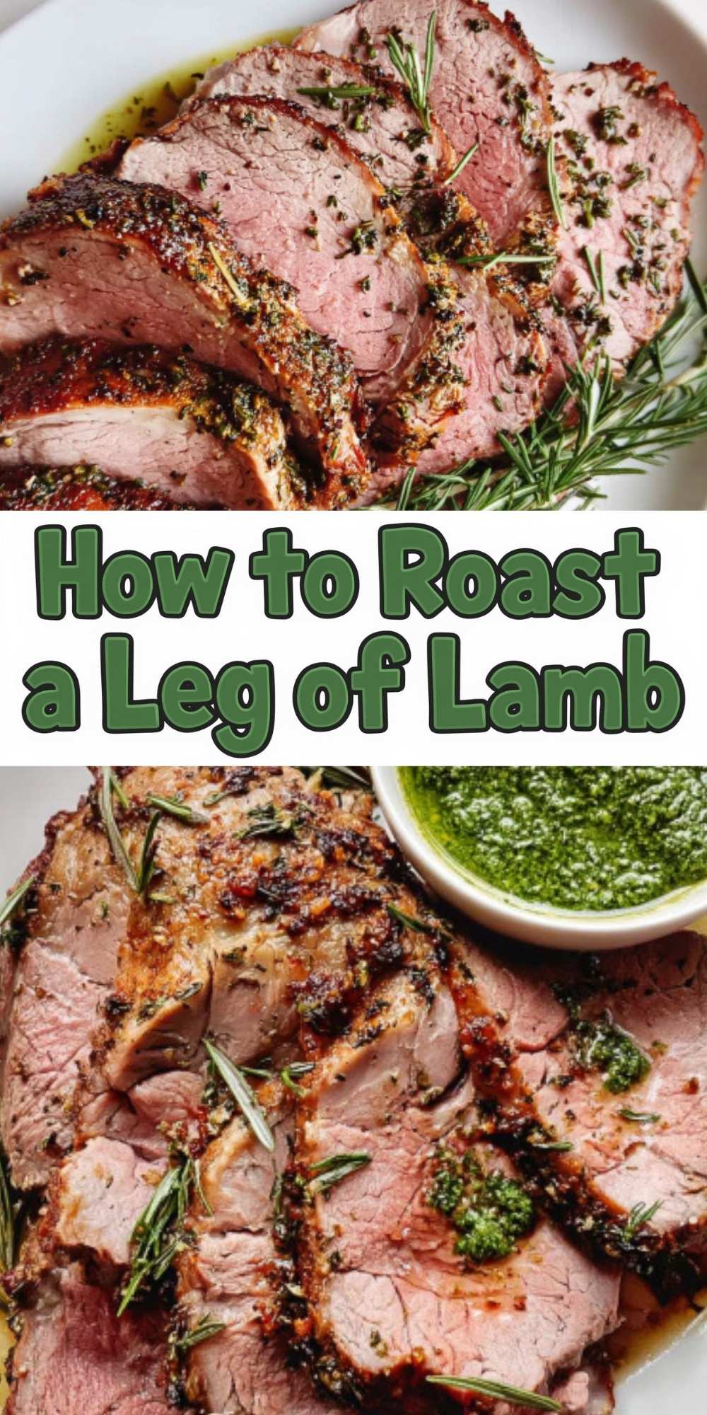 Sliced roast leg of lamb with garlic rosemary crust served with green sauce on a platter