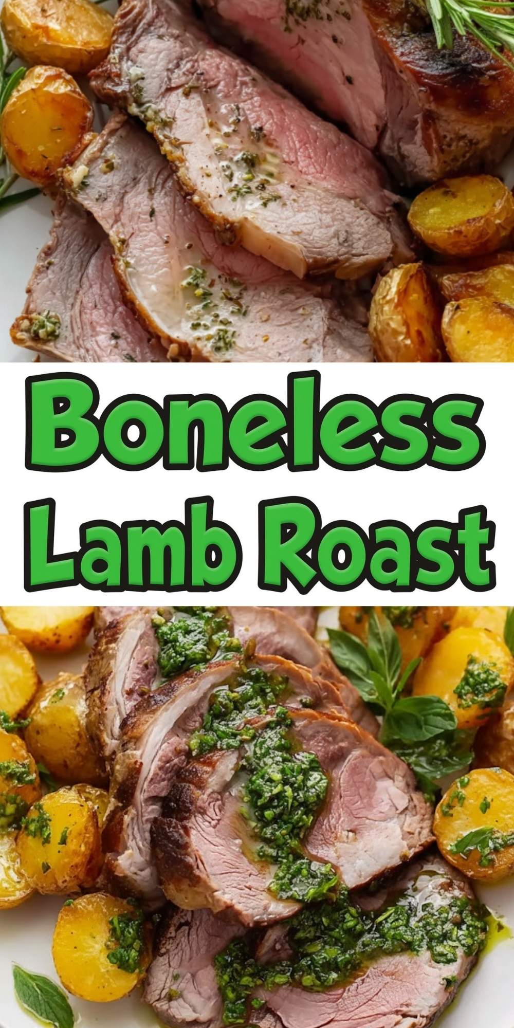 Slices of juicy boneless lamb roast served with golden roasted potatoes and fresh green chimichurri sauce, perfect for holiday dinners or family gatherings